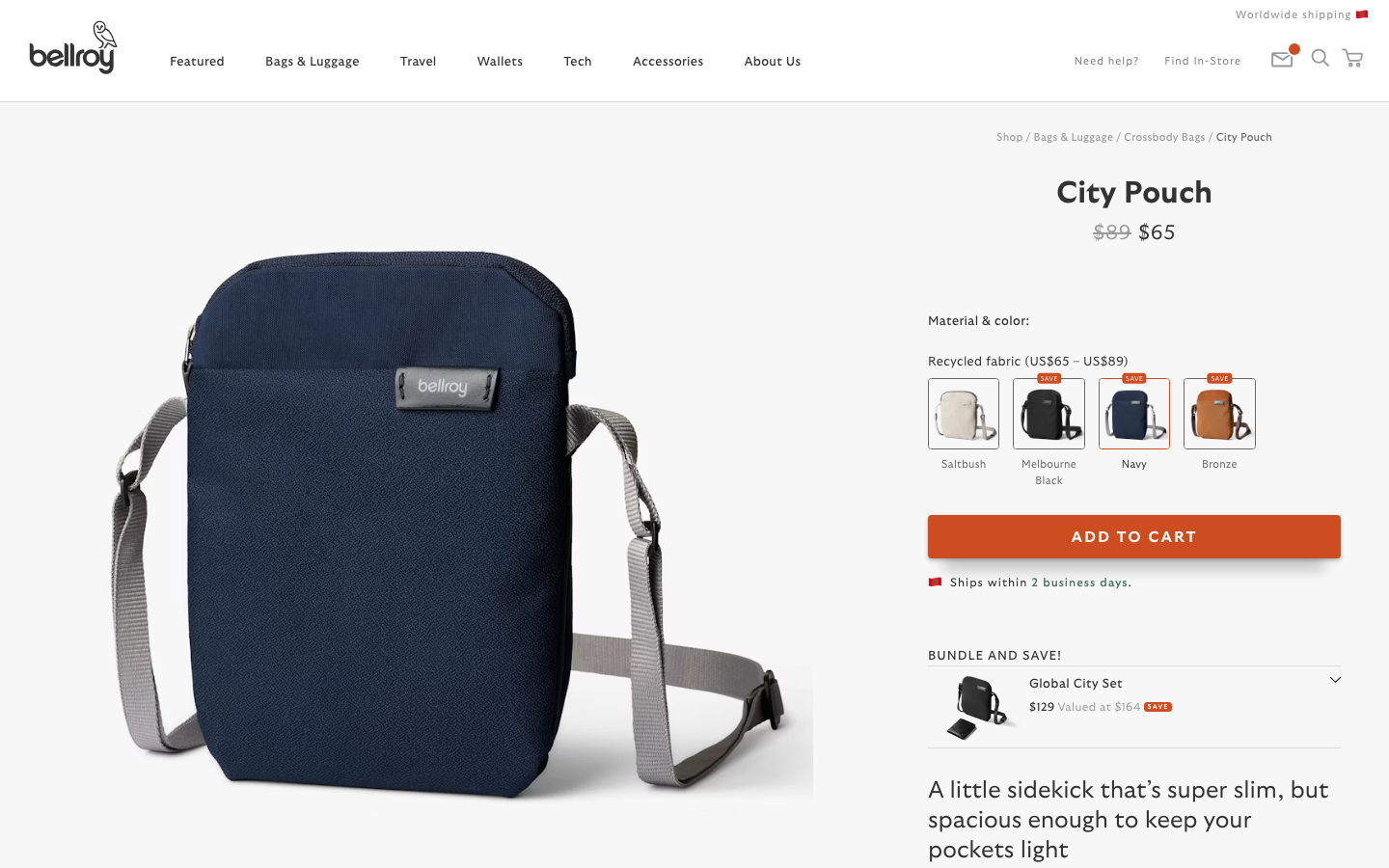 The hero image uses a full-bleed shot of a person walking with luggage, establishing a sense of travel. The layout is clean and spacious, with a clear call to action. Typography is understated, prioritizing readability and a sense of calm. · travel bags, minimalist luggage, premium travel, sustainable travel, everyday carry, functional design, bellroy travel