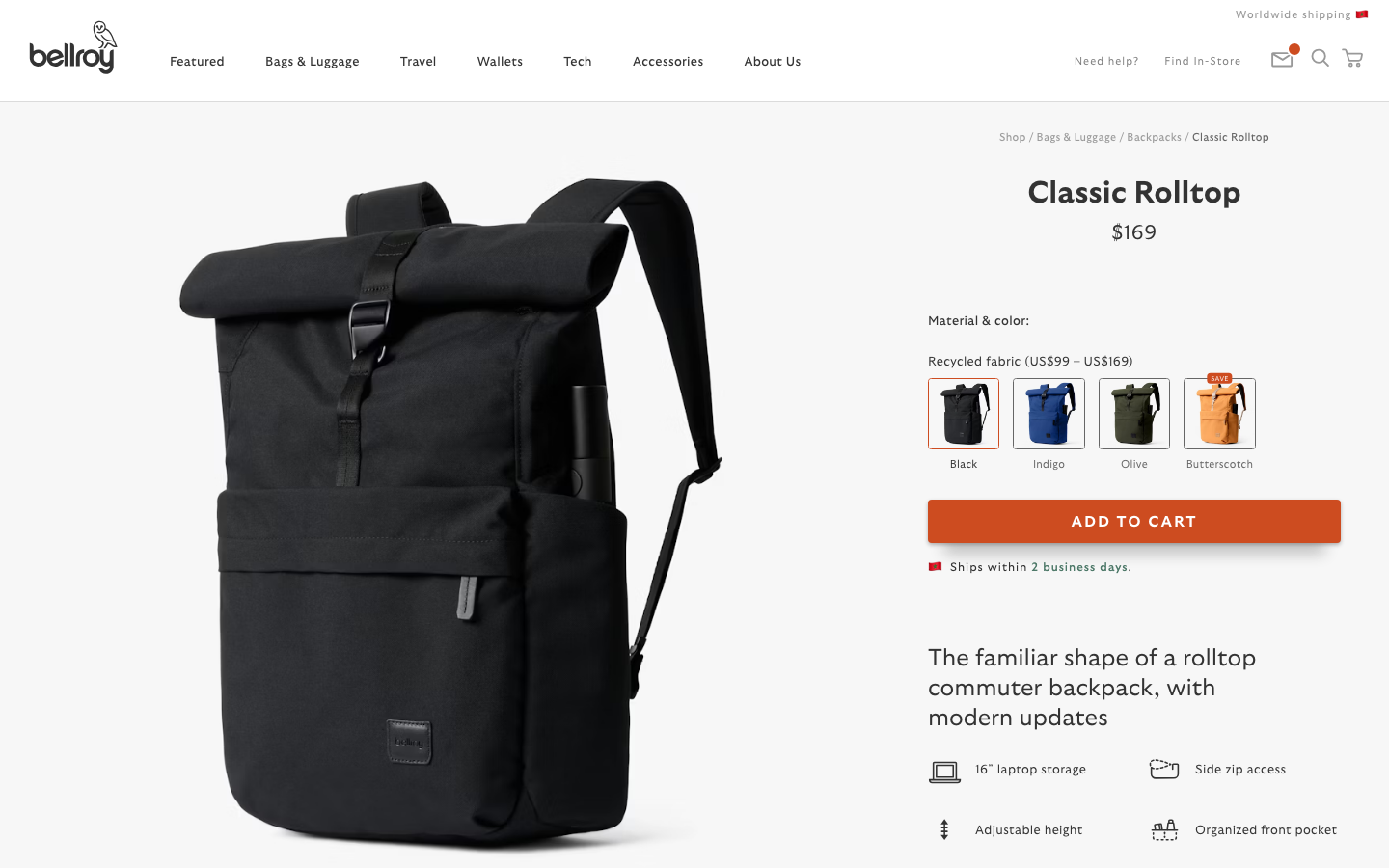 The hero image uses a full-bleed shot of a person walking with luggage, establishing a sense of travel. The layout is clean and spacious, with a clear call to action. Typography is understated, prioritizing readability and a sense of calm. · travel bags, minimalist luggage, premium travel, sustainable travel, everyday carry, functional design, bellroy travel