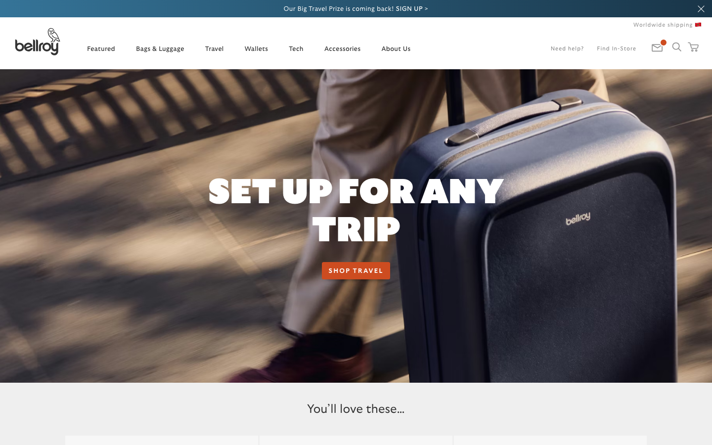 Bellroy - The hero image uses a full-bleed shot of a person walking with luggage, establishing a sense of travel. The layout is clean and spacious, with a clear call to action. Typography is understated, prioritizing readability and a sense of calm. · travel bags, minimalist luggage, premium travel, sustainable travel, everyday carry, functional design, bellroy travel