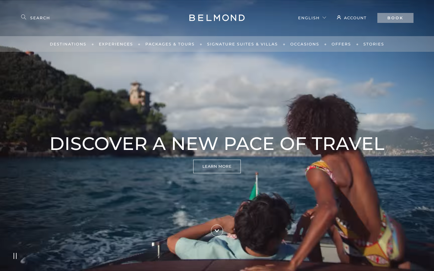 The hero image dominates the viewport, establishing a sense of place and aspiration. Clean typography and ample negative space contribute to a feeling of understated luxury. The overall impression is one of calm sophistication. · luxury travel, boutique hotel, travel agency, destination marketing, hospitality website, travel brand, luxury lifestyle
