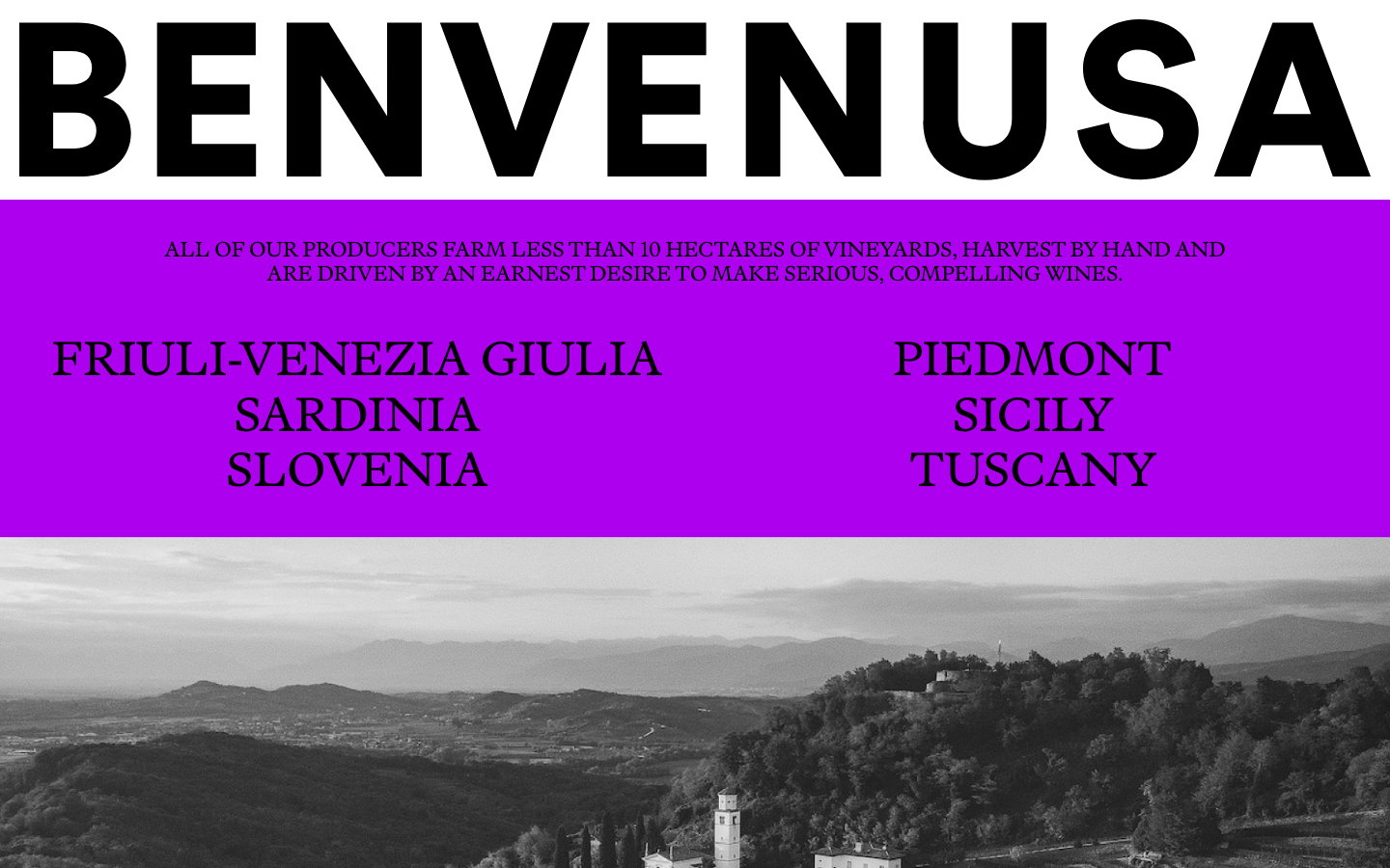 Benvenusa Italian Wines - We represent a small portfolio of artisanal, truly micro wine producers from Friuli Venezia Giulia, Tuscany, Sicily, Sardinia and Slovenia.  ·  minimalism, editorial, monochrome, portfolio, media, hospitality, bento-grid, hero-fullbleed, logo-cloud