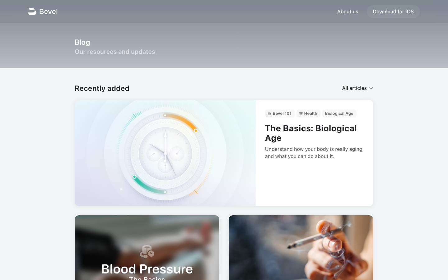 Bevel · Blog - A clean, airy layout featuring a soft grey gradient hero section and a high-contrast white content area. The blog cards use generous padding, rounded corners, and subtle pill-shaped tags for a modern health-tech aesthetic.  ·  health tech blog, minimalist article grid, soft gradient hero, modern medical ui, clean editorial layout