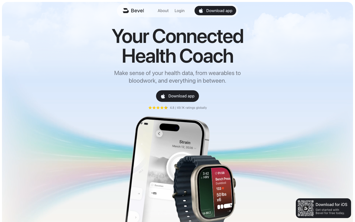 Bevel - A clean, airy composition featuring a soft gradient background and centered sans-serif typography. High-fidelity device mockups create a sense of depth and technical precision.  ·  health app landing page, soft gradient hero, minimalist consumer tech, device mockup hero, clean wellness design