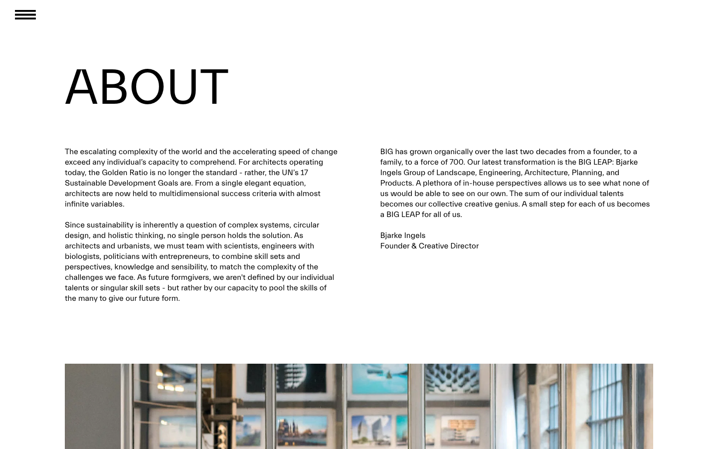 The layout prioritizes large-scale imagery, presenting projects as distinct visual entities. Clean typography and ample white space contribute to a sense of refined presentation, emphasizing the work itself. · architectural portfolio, minimalist agency, split screen design, large format images, clean layout, modern architecture, studio website, big dk, portfolio showcase, editorial design