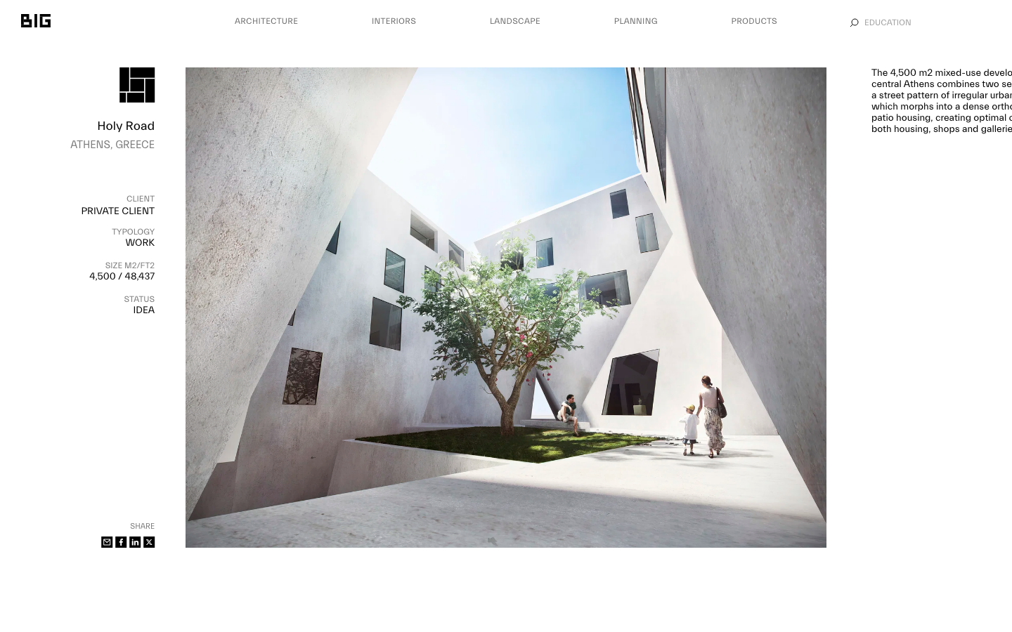 The layout prioritizes large-scale imagery, presenting projects as distinct visual entities. Clean typography and ample white space contribute to a sense of refined presentation, emphasizing the work itself. · architectural portfolio, minimalist agency, split screen design, large format images, clean layout, modern architecture, studio website, big dk, portfolio showcase, editorial design