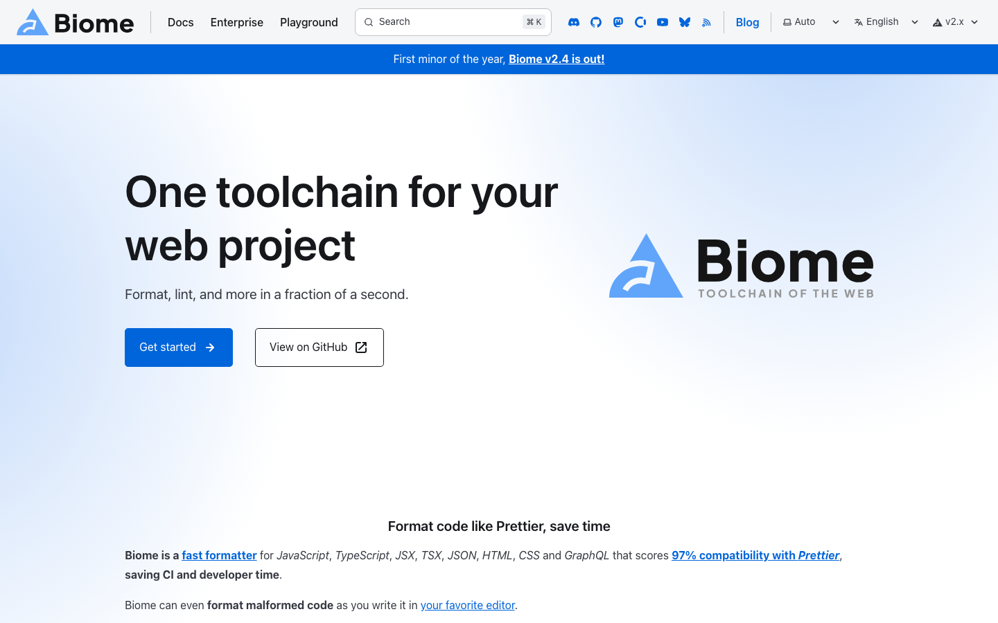 Biomejs - The page uses a clean, spacious layout with a prominent logo and clear call-to-action buttons. Typography is straightforward and functional, prioritizing readability and a sense of technical precision. The overall mood is calm and efficient.  ·  developer tools, javascript formatter, code editor, saas landing page, technical website, minimalist design, toolchain, biomejs, code formatting