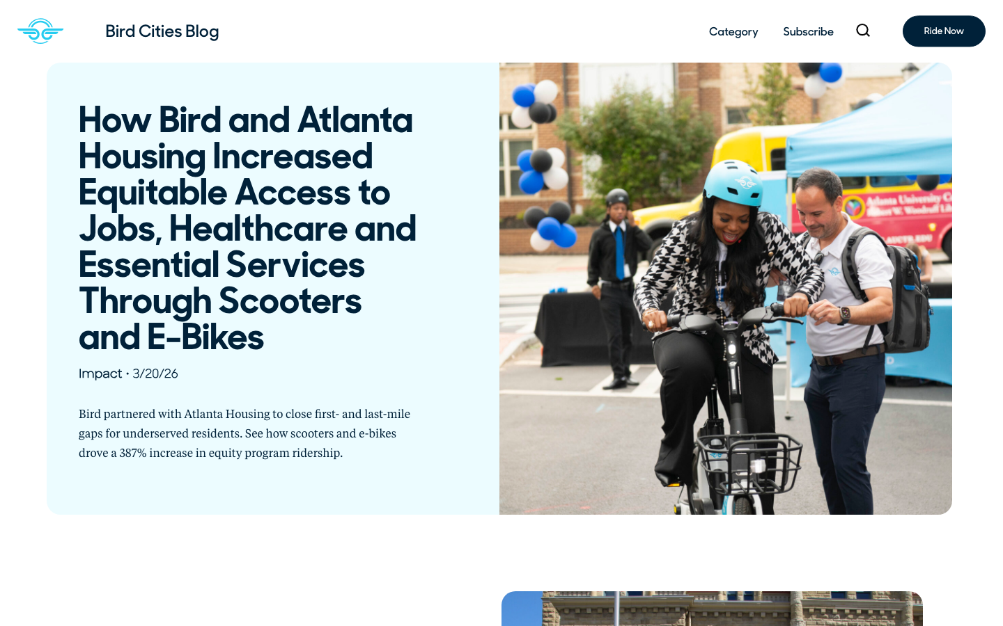 The page uses a full-bleed image of people interacting with the product, establishing a friendly and approachable mood. Clean typography and ample white space create a sense of calm and openness. The layout is structured with distinct sections for information and calls to action. · urban mobility, electric scooter, city transport, sustainable travel, bird scooter, minimalist design, outdoor lifestyle, friendly interface, clean aesthetic, city commute