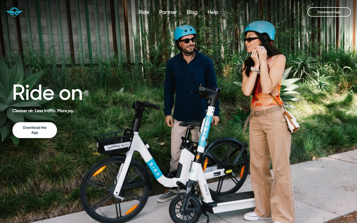 The page uses a full-bleed image of people interacting with the product, establishing a friendly and approachable mood. Clean typography and ample white space create a sense of calm and openness. The layout is structured with distinct sections for information and calls to action. · urban mobility, electric scooter, city transport, sustainable travel, bird scooter, minimalist design, outdoor lifestyle, friendly interface, clean aesthetic, city commute