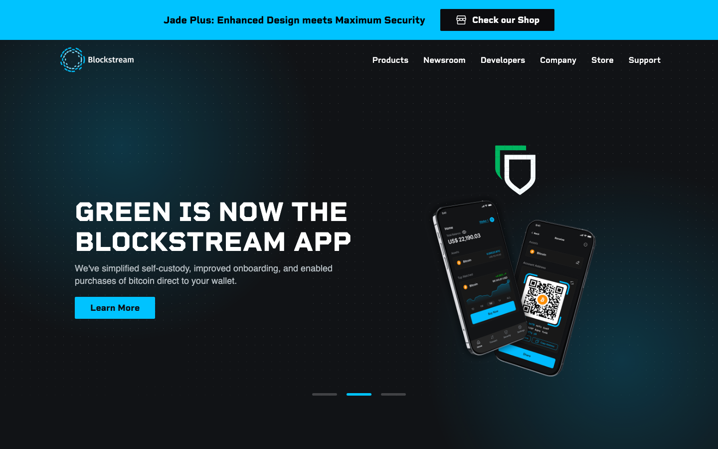The design prioritizes a clean, dark aesthetic with a focus on showcasing the product's interface. Bold typography and contrasting elements create a sense of technical precision and modern functionality. · dark fintech, blockchain app, crypto wallet, technical website, minimal dark, saas product, cryptocurrency design, blockstream ui, mobile app showcase, modern fintech