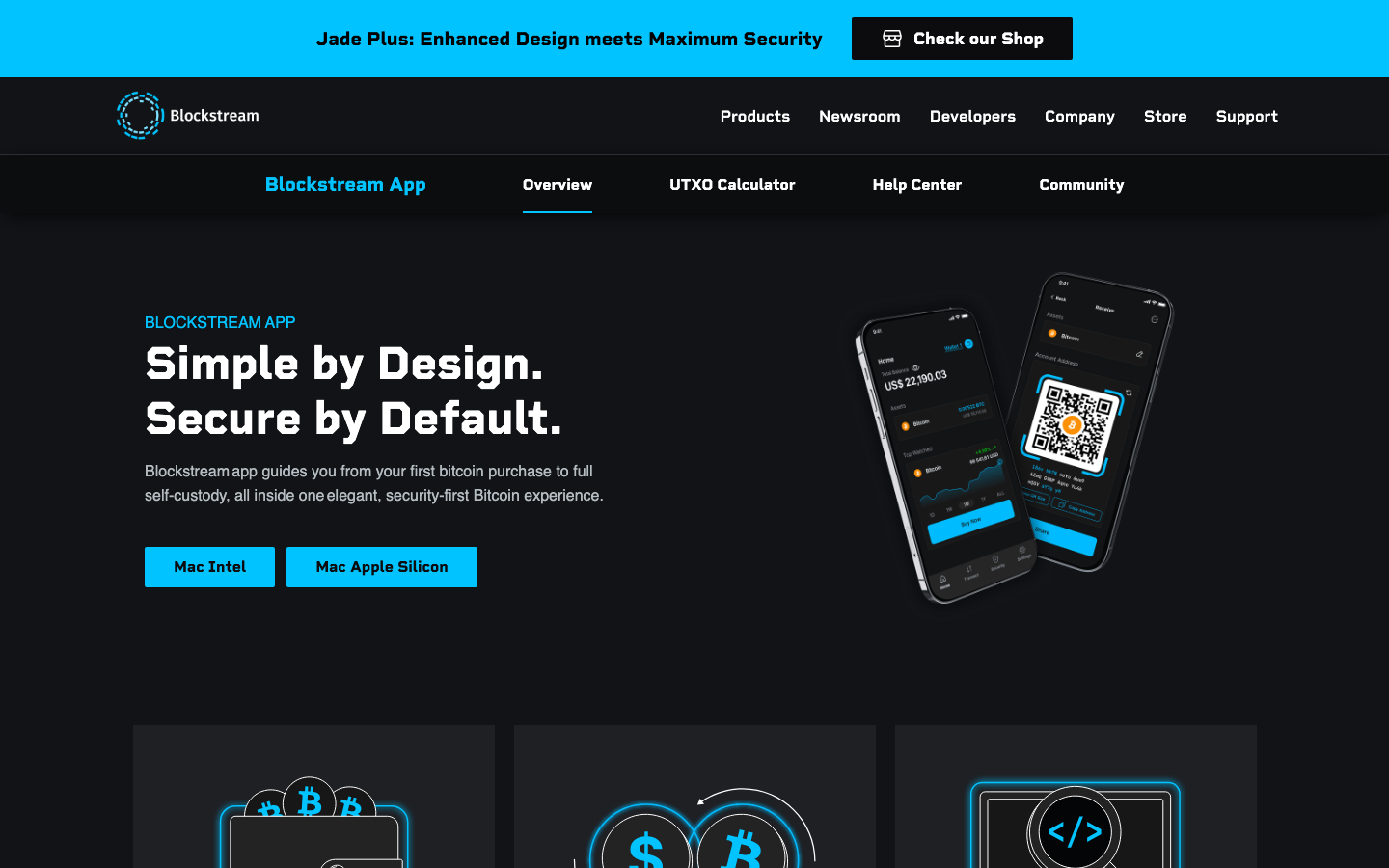 The design prioritizes a clean, dark aesthetic with a focus on showcasing the product's interface. Bold typography and contrasting elements create a sense of technical precision and modern functionality. · dark fintech, blockchain app, crypto wallet, technical website, minimal dark, saas product, cryptocurrency design, blockstream ui, mobile app showcase, modern fintech