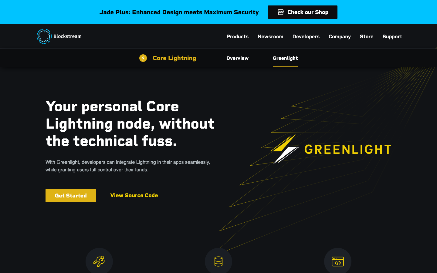 The design prioritizes a clean, dark aesthetic with a focus on showcasing the product's interface. Bold typography and contrasting elements create a sense of technical precision and modern functionality. · dark fintech, blockchain app, crypto wallet, technical website, minimal dark, saas product, cryptocurrency design, blockstream ui, mobile app showcase, modern fintech