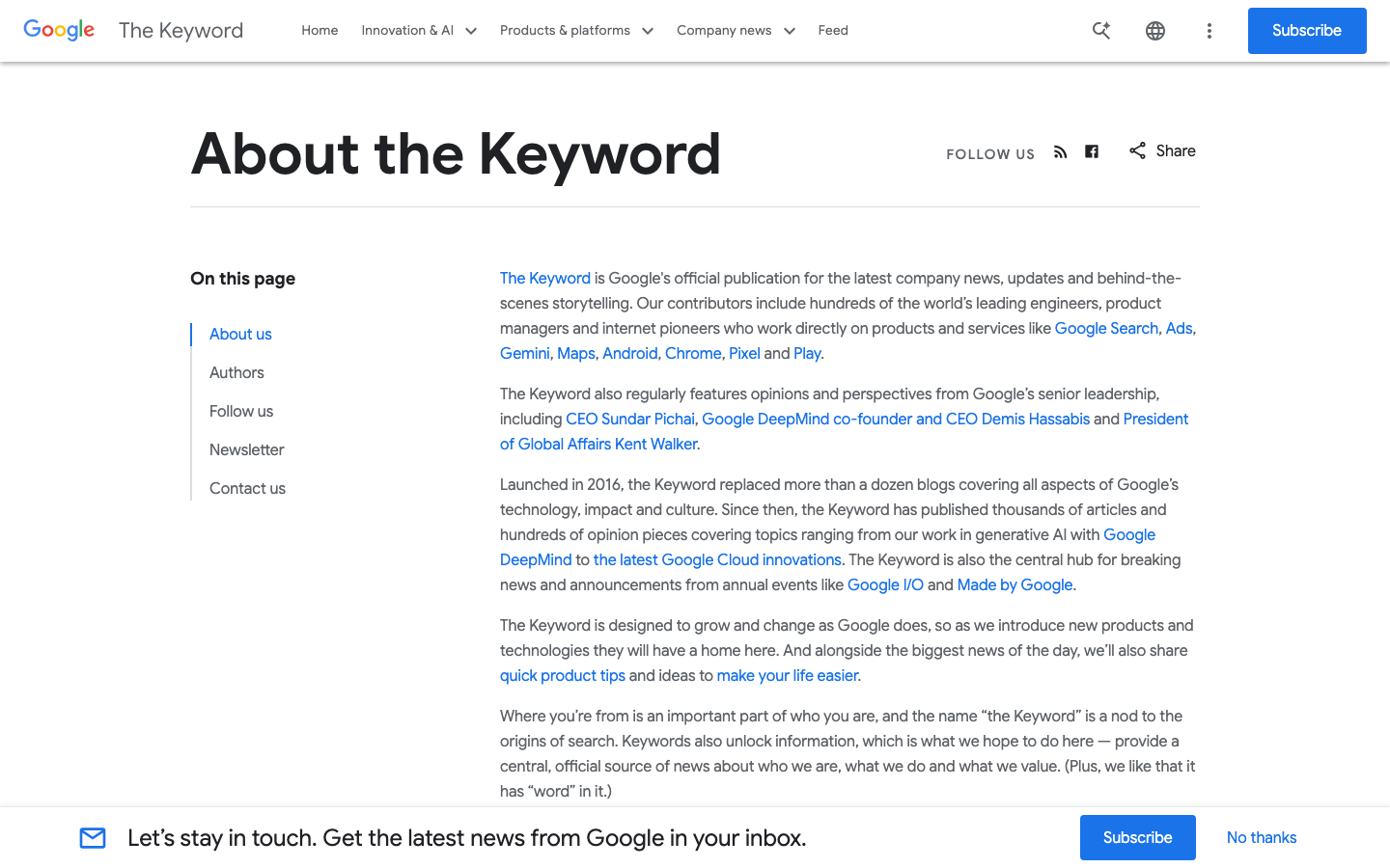 Blog Google — About - The layout prioritizes modularity with distinct sections for different Google initiatives. Clean typography and ample white space create a sense of clarity and authority, typical of a news-oriented platform.  ·  google blog, ai news, android updates, technology blog, developer news, product announcements, minimalist design, editorial website