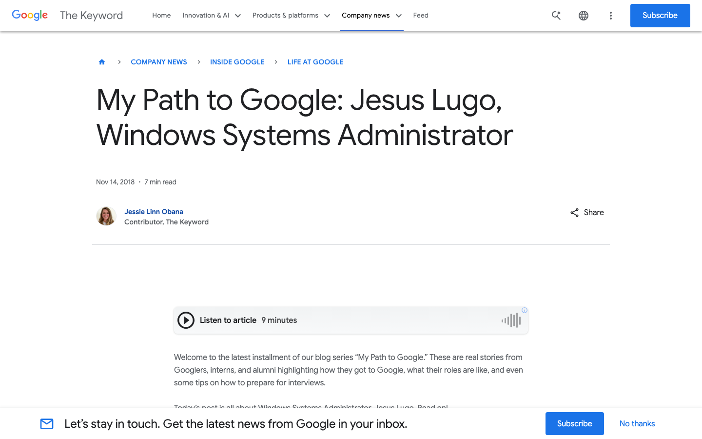 The layout prioritizes modularity with distinct sections for different Google initiatives. Clean typography and ample white space create a sense of clarity and authority, typical of a news-oriented platform. · google blog, ai news, android updates, technology blog, developer news, product announcements, minimalist design, editorial website