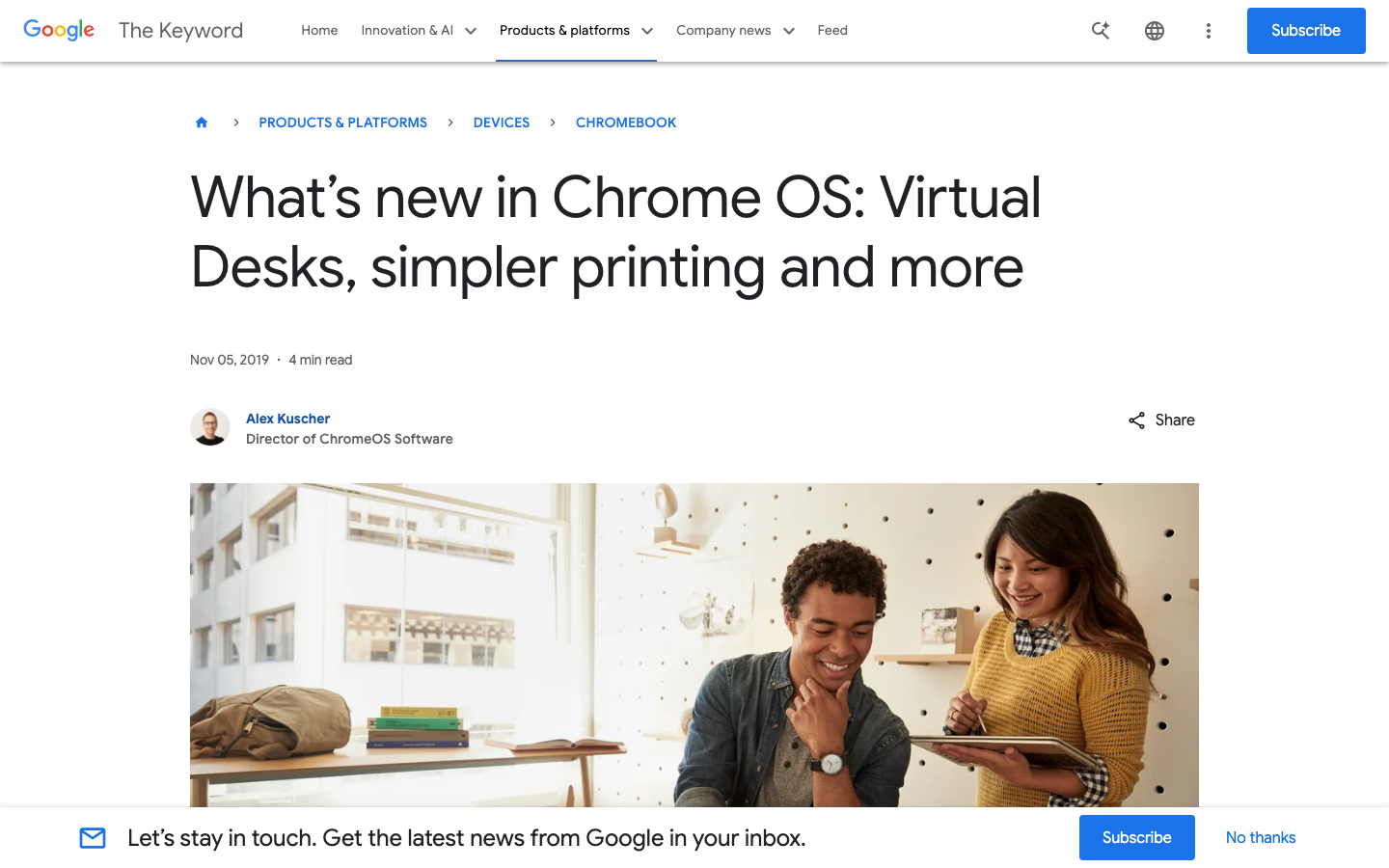 The layout prioritizes modularity with distinct sections for different Google initiatives. Clean typography and ample white space create a sense of clarity and authority, typical of a news-oriented platform. · google blog, ai news, android updates, technology blog, developer news, product announcements, minimalist design, editorial website