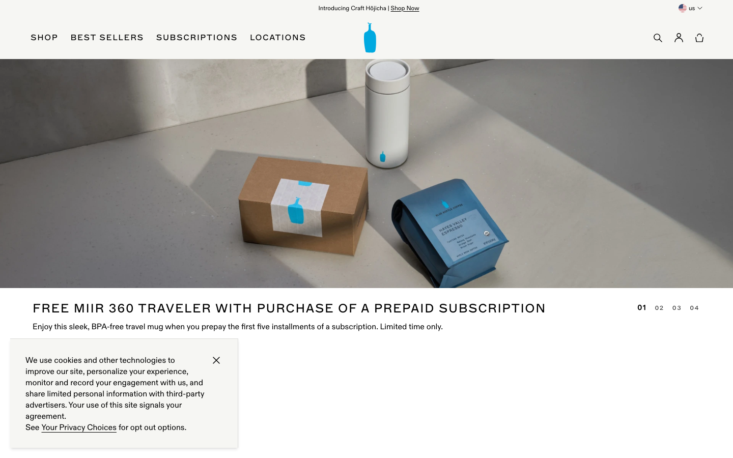 Bluebottlecoffee - The page prioritizes product presentation with ample negative space and a restrained color palette. Typography is clean and legible, emphasizing the product names and key benefits. The overall feel is sophisticated and understated.  ·  minimalist product page, clean ecommerce, editorial product, muted color palette, white background product, coffee travel mug, subscription offer