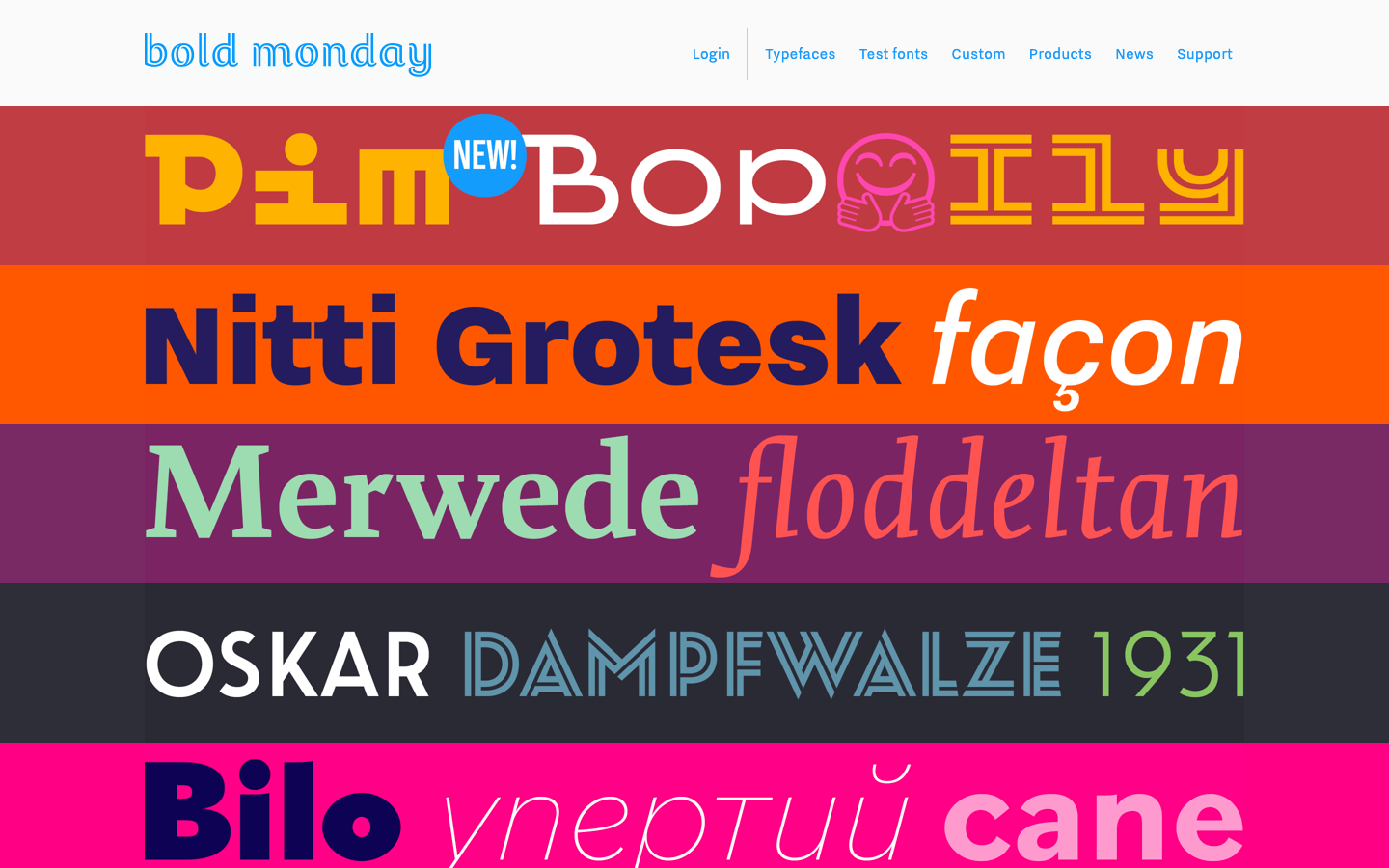The page prioritizes typographic experimentation. Bold, varied fonts dominate, creating a visual hierarchy through size and weight. The color palette is vibrant and deliberately clashing, emphasizing the individual character of each typeface. · font showcase, typography display, type specimen, graphic design, font collection, creative fonts, bold typography, colorful fonts