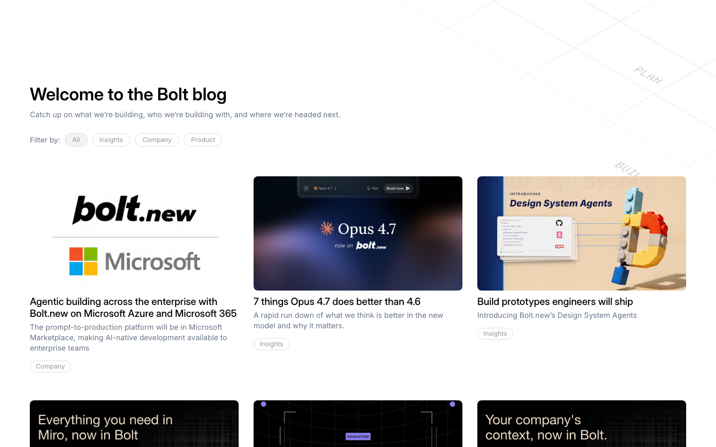 The design prioritizes clarity and functionality with a stark contrast between the bold white text and the deep blue background. The layout is clean and spacious, emphasizing the central call to action. It feels like a digital tool's landing page. · ai builder, no-code platform, developer tools, saas landing, dark ui, minimalist design, code generation, bolt ai, build with ai, developer platform