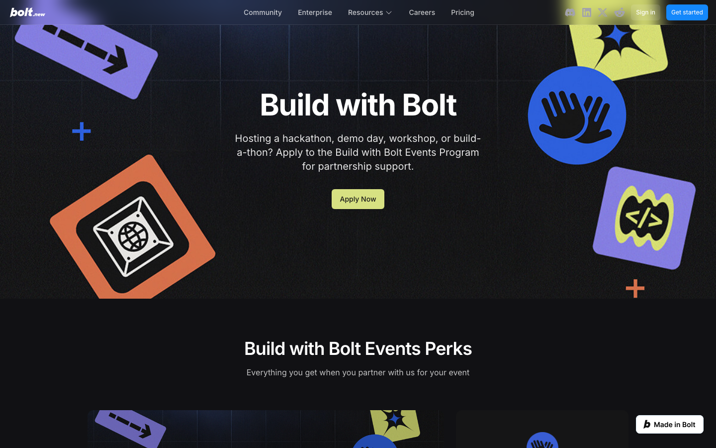 The design prioritizes clarity and functionality with a stark contrast between the bold white text and the deep blue background. The layout is clean and spacious, emphasizing the central call to action. It feels like a digital tool's landing page. · ai builder, no-code platform, developer tools, saas landing, dark ui, minimalist design, code generation, bolt ai, build with ai, developer platform