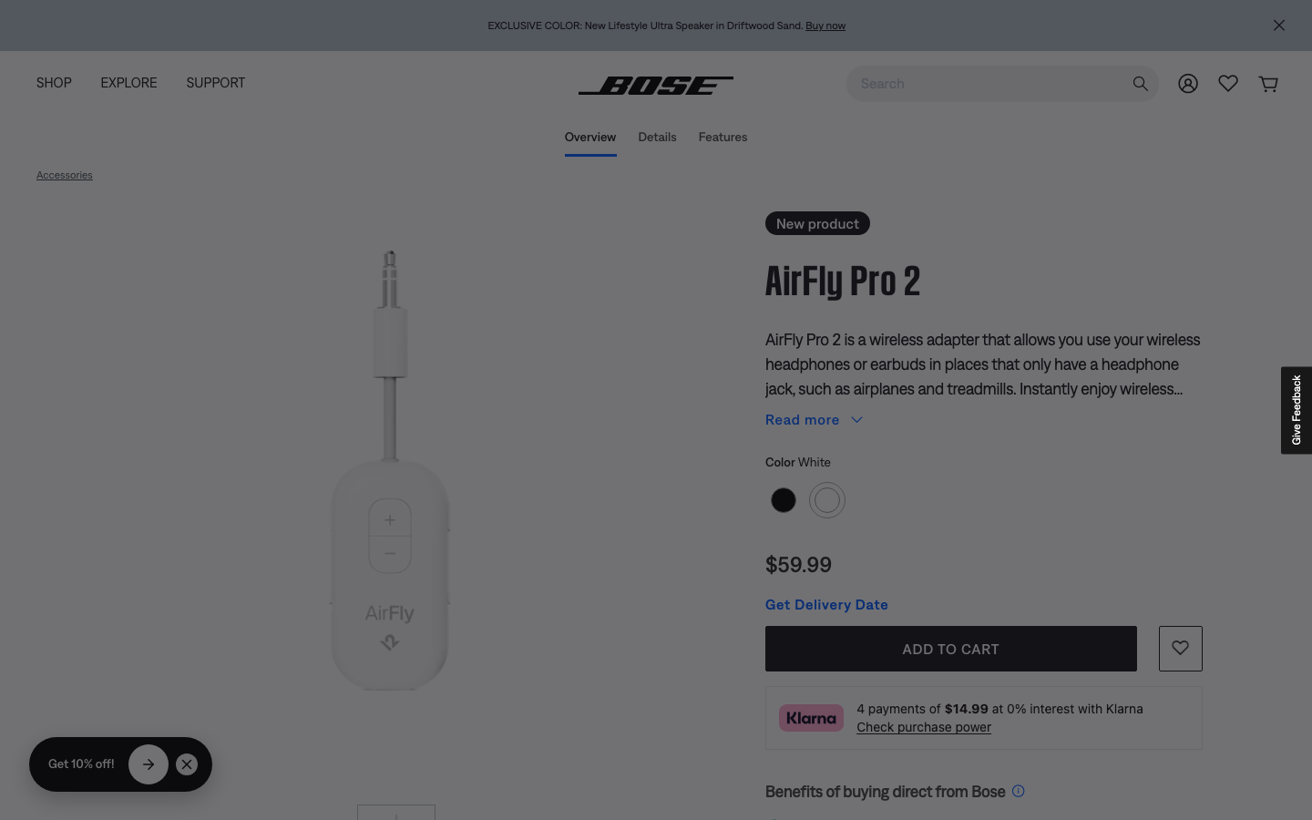 The page uses a full-screen image and minimal text to establish a sophisticated, tech-forward mood. The dark background and subtle purple lighting emphasize the product's sleek design. · audio product, smart speaker, home audio, tech website, minimalist design, dark theme, bose product page, multiroom audio