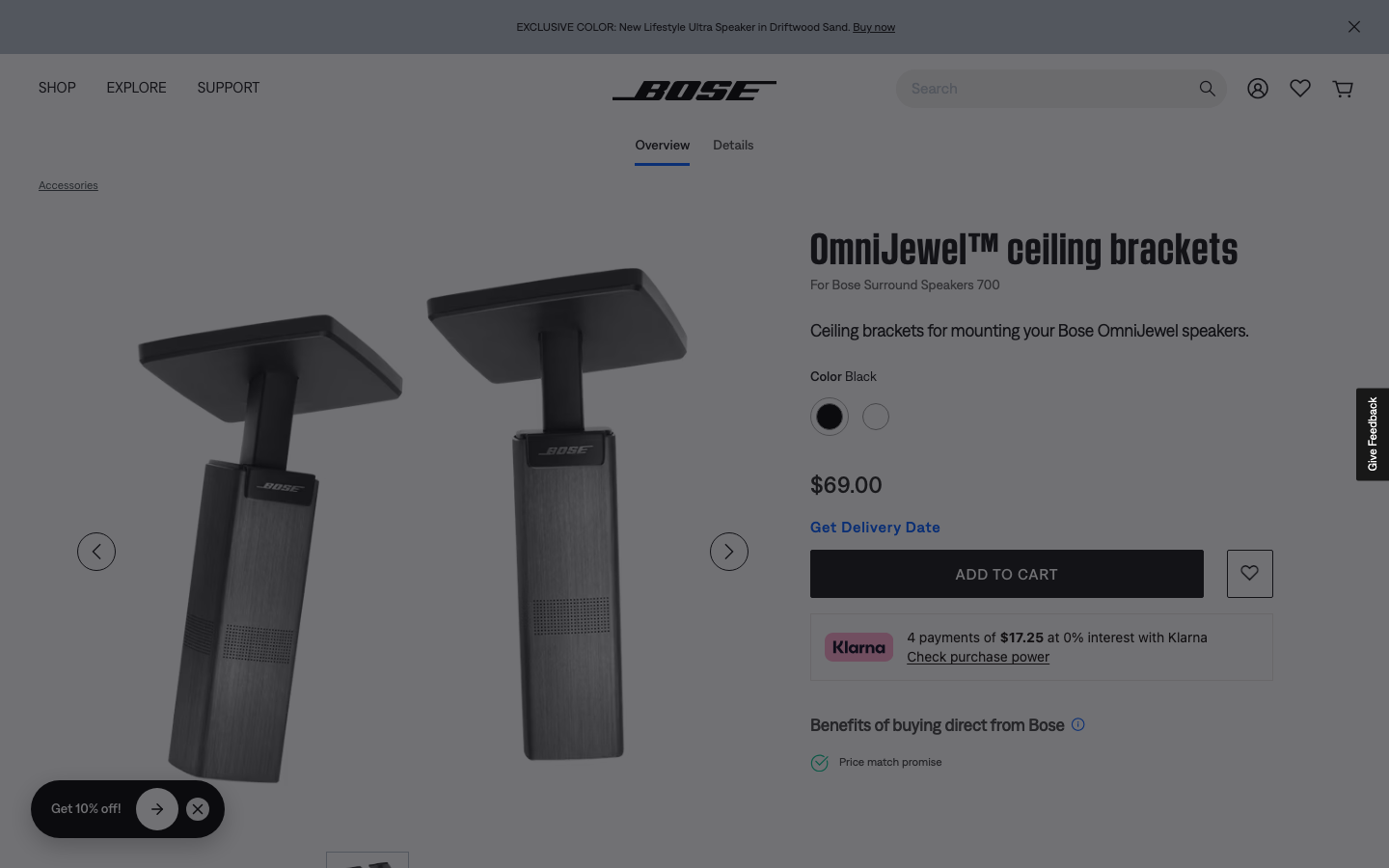 The page uses a full-screen image and minimal text to establish a sophisticated, tech-forward mood. The dark background and subtle purple lighting emphasize the product's sleek design. · audio product, smart speaker, home audio, tech website, minimalist design, dark theme, bose product page, multiroom audio