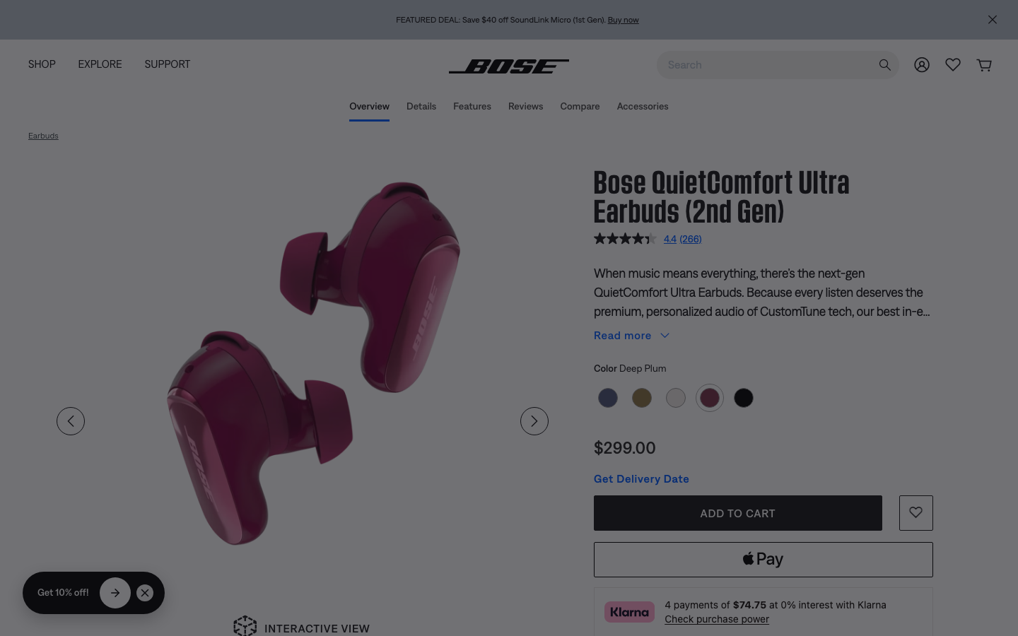 The page uses a full-screen image and minimal text to establish a sophisticated, tech-forward mood. The dark background and subtle purple lighting emphasize the product's sleek design. · audio product, smart speaker, home audio, tech website, minimalist design, dark theme, bose product page, multiroom audio