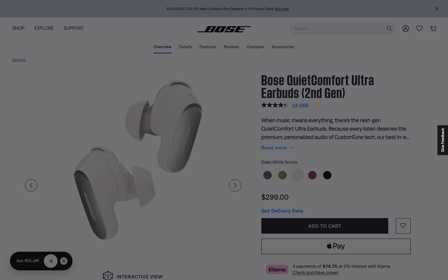 The page uses a full-screen image and minimal text to establish a sophisticated, tech-forward mood. The dark background and subtle purple lighting emphasize the product's sleek design. · audio product, smart speaker, home audio, tech website, minimalist design, dark theme, bose product page, multiroom audio