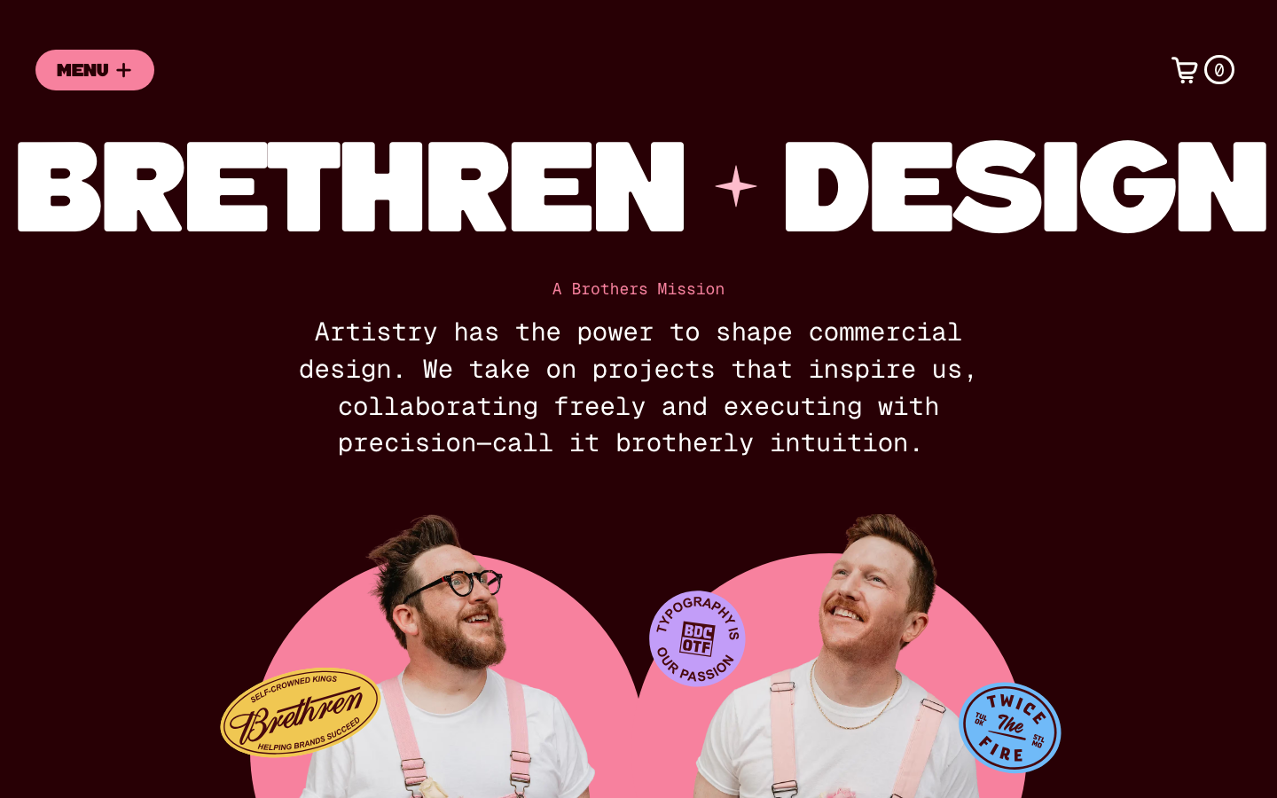 Deep burgundy background paired with massive, chunky white sans-serif typography. The layout uses a centered, high-impact hero section with playful graphic badges and a soft pink heart-shaped mask for the photography.  ·  bold branding agency, burgundy color palette, chunky typography hero, playful studio about page, vintage modern agency