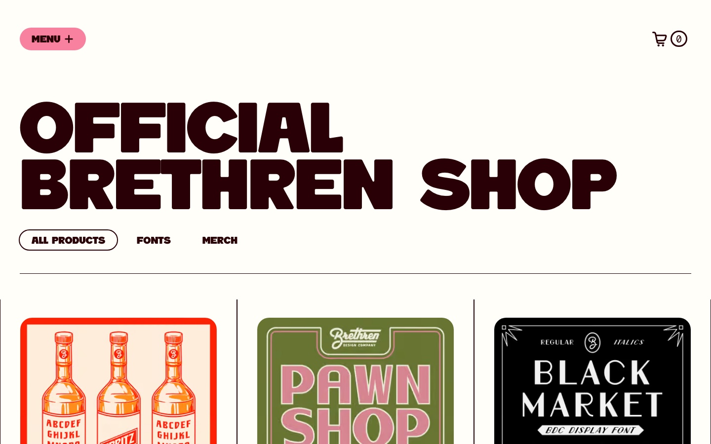 Heavy, oversized sans-serif typography dominates the header with a deep burgundy hue. The layout transitions into a clean, uniform grid of illustrated product cards with a retro, printed aesthetic. · type foundry shop, vintage ecommerce grid, bold typography hero, retro branding store, editorial product catalogue