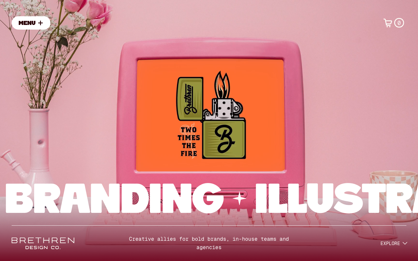 A high-energy, monochromatic pink composition featuring a vintage computer as a frame for graphic illustrations. Bold, oversized white sans-serif typography anchors the bottom of the fold.  ·  playful agency hero, vintage tech aesthetic, monochromatic pink design, bold typography hero, creative studio landing page