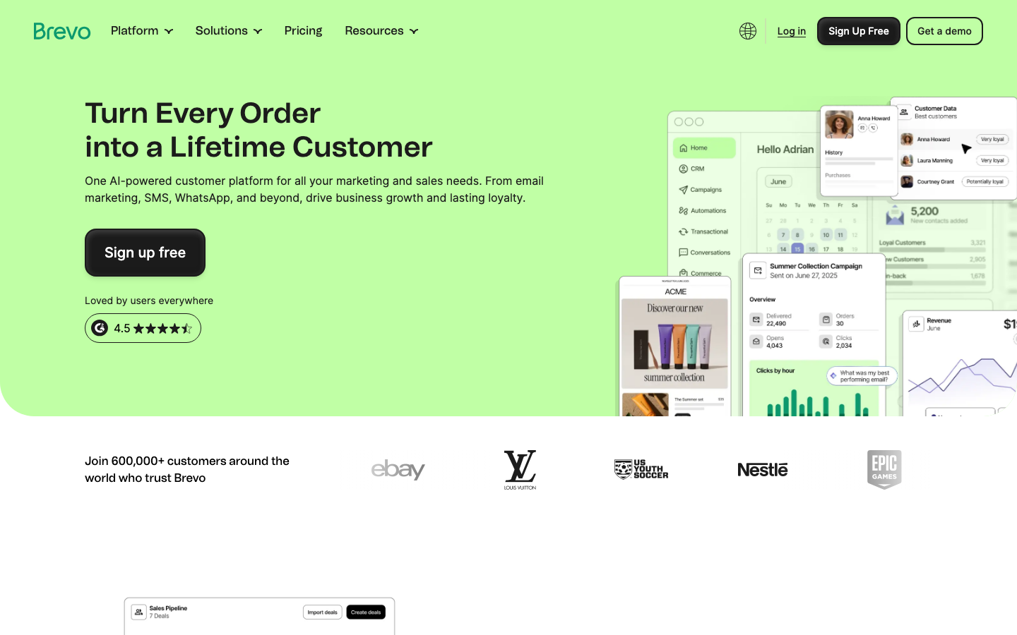 Brevo: Email & SMS Marketing, CRM & Automation Platform - Brevo is the most intuitive all-in-one customer engagement platform: email and SMS marketing, automation, CRM, live chat, and transactional email. Try it free. · minimalism, swiss, brutalism, saas, developer-tools, agency, hero-with-cta, logo-cloud, feature-trio, testimonial-wall, newsletter-signup
