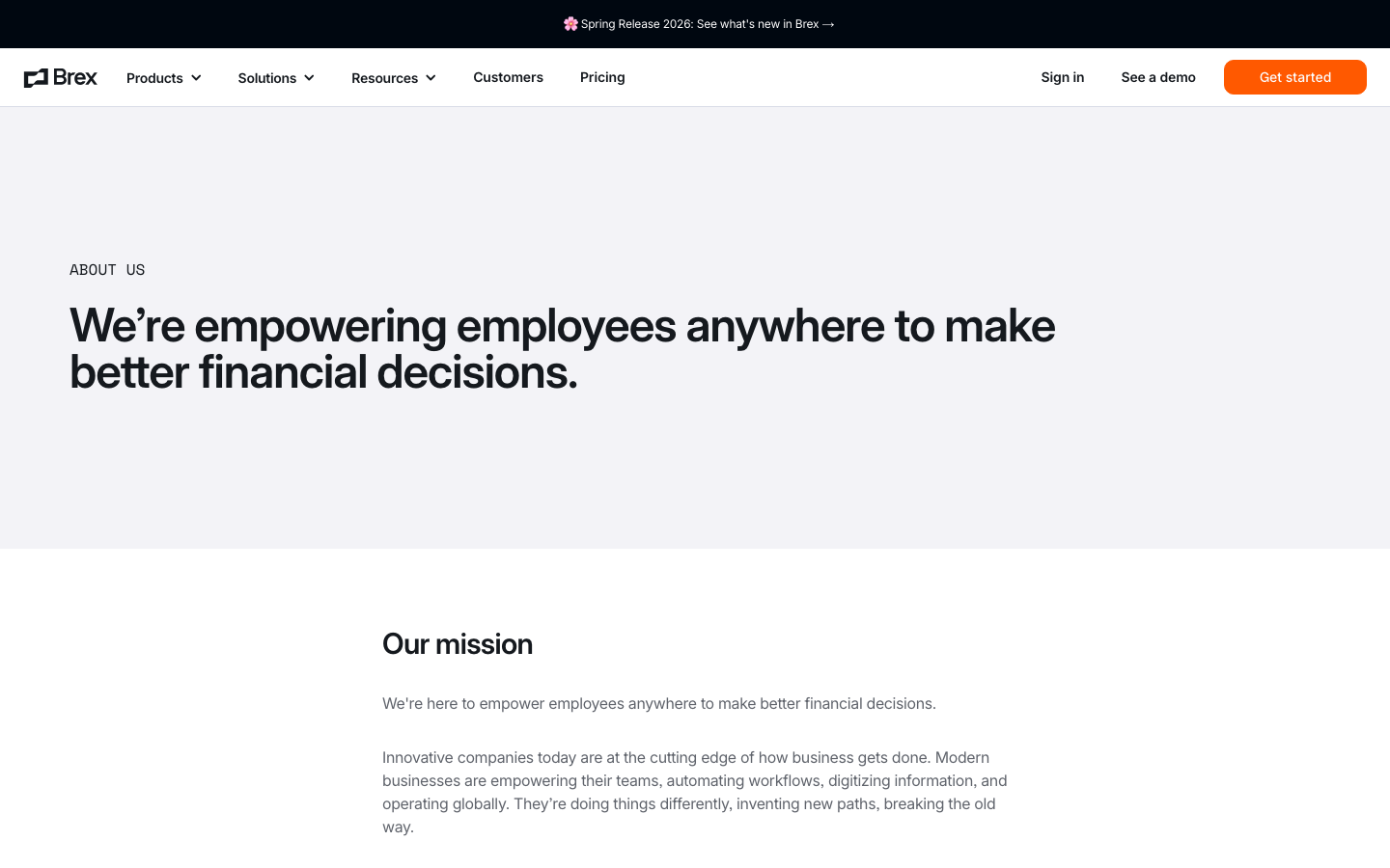The page uses a clean, spacious layout with a prominent hero section and a clear call to action. The design prioritizes functionality and clarity through ample white space and a restrained color palette. Typography is straightforward and legible, reinforcing a sense of reliability. · fintech landing page, saas homepage, minimalist fintech, dark mode saas, financial platform, business banking, modern finance, brex design, tech website, clean ui