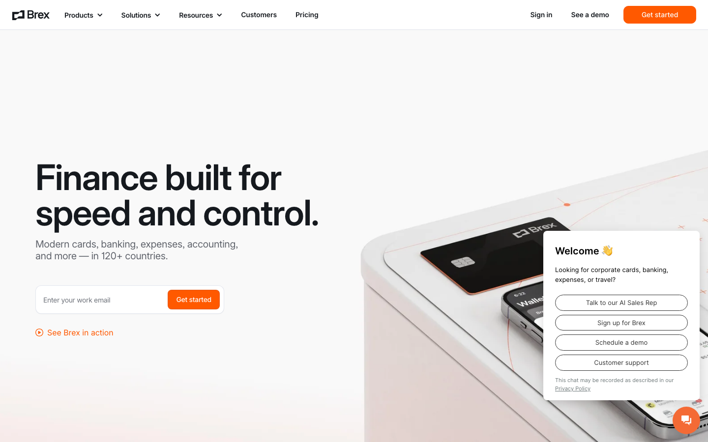 The page uses a clean, spacious layout with a prominent hero section and a clear call to action. The design prioritizes functionality and clarity through ample white space and a restrained color palette. Typography is straightforward and legible, reinforcing a sense of reliability. · fintech landing page, saas homepage, minimalist fintech, dark mode saas, financial platform, business banking, modern finance, brex design, tech website, clean ui