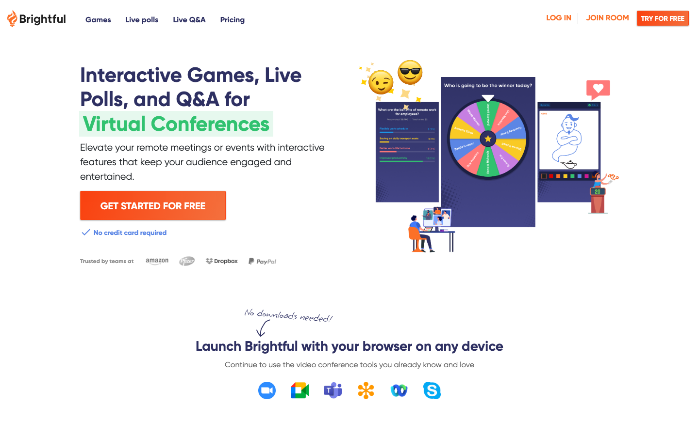 Games and activities for remote team building and virtual events - Add games, live polls and Q&As to your remote meetings and events  ·  playful, minimalism, saas, agency, education, hero-with-cta, feature-trio, logo-cloud, sticky-nav