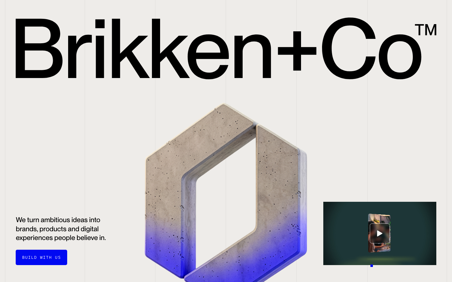 High-contrast layout featuring massive sans-serif typography and a central 3D concrete abstract form with a blue gradient. The composition uses a strict grid with thin hairline dividers. · swiss design agency, minimalist studio hero, 3d abstract asset, bold typography layout, high contrast agency site
