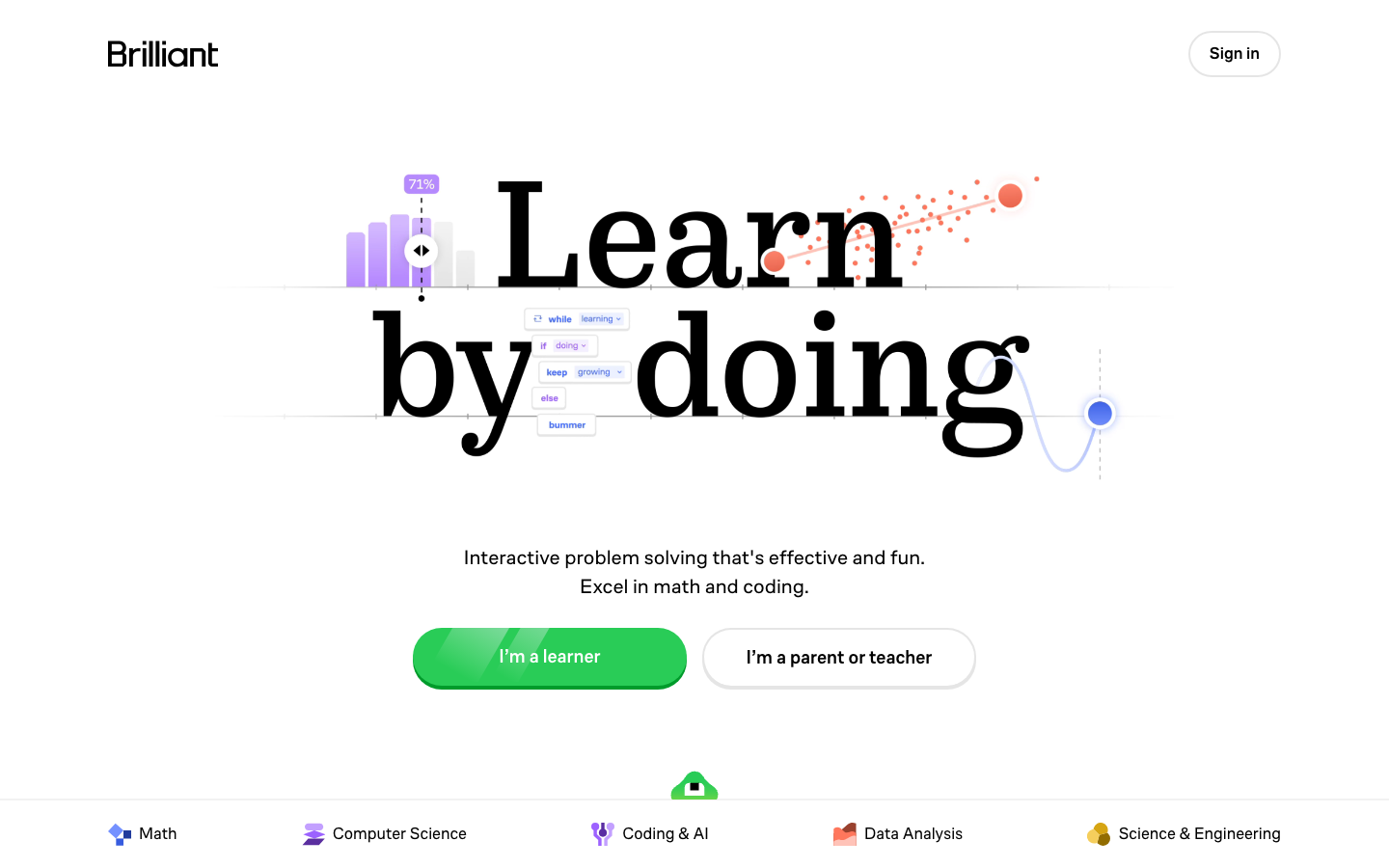The page uses a bold typographic treatment with a mix of large and small text sizes, creating a sense of hierarchy and visual interest. The color palette is vibrant but controlled, with pops of color against a clean white background. It feels like a modern, educational resource. · online learning, math education, coding platform, interactive learning, educational tools, brilliant learning, STEM education, visual learning, problem solving