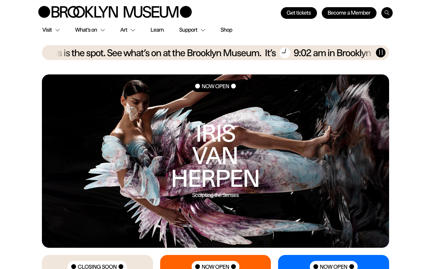 The hero image is a striking, full-bleed portrait, immediately establishing a visual focus. The overall aesthetic is clean and spacious, prioritizing the artwork and the museum's branding with minimal distractions. · fashion exhibition, art museum, iris van herpen, contemporary art, museum website, minimalist design, dark background, portrait photography