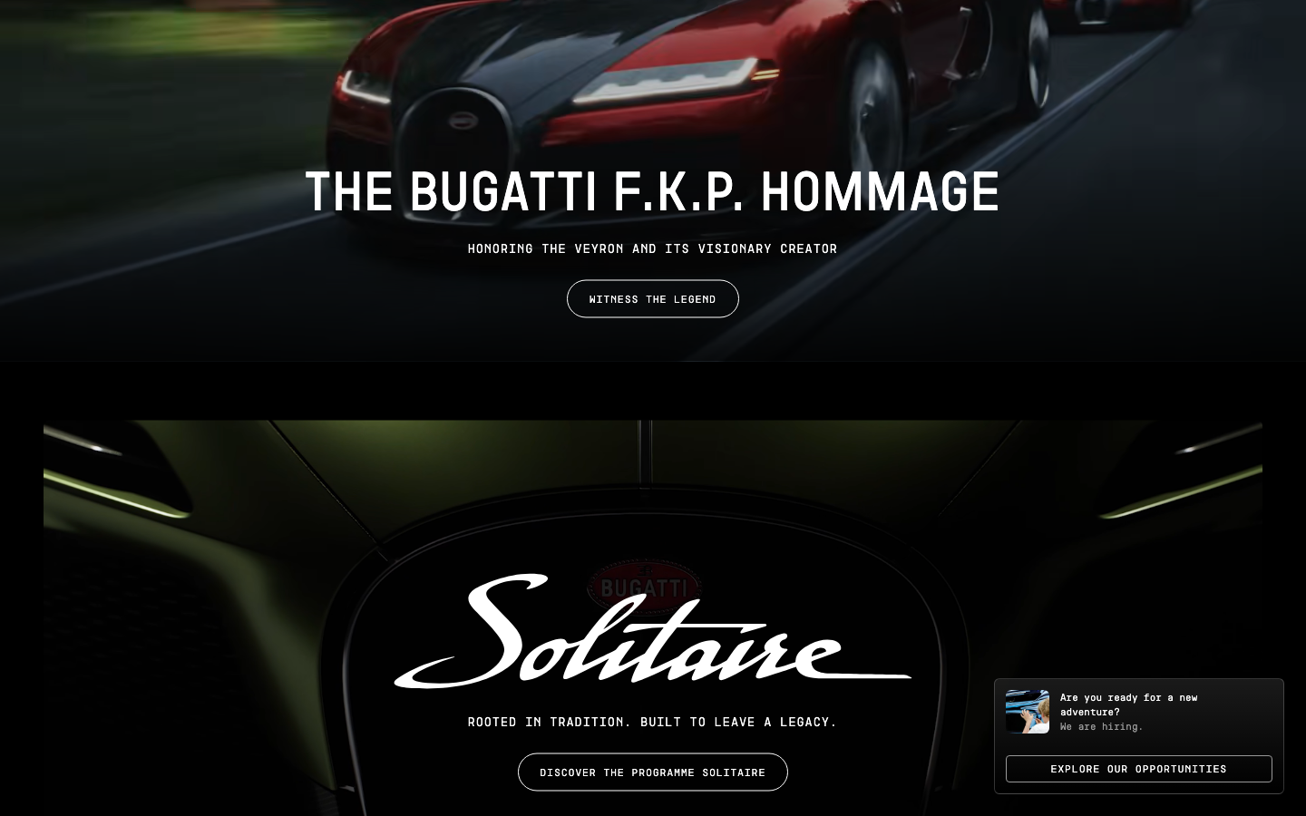 The page uses a full-screen image of a Bugatti to immediately establish a sense of luxury and speed. Typography is clean and modern, emphasizing the brand name and a call to action. The overall feel is sophisticated and aspirational. · luxury car hero, automotive website, dark saas hero, minimalist car design, high-performance brand, futuristic car, bugatti homepage