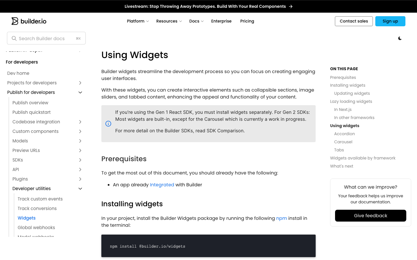 The page prioritizes code display with a stark, dark aesthetic. Typography is clean and functional, emphasizing clarity over ornamentation. The overall mood is focused and efficient, reflecting a developer-centric product. · developer tools, code platform, saas interface, dark ui, technical website, code editor, builder io, minimal design, coding platform