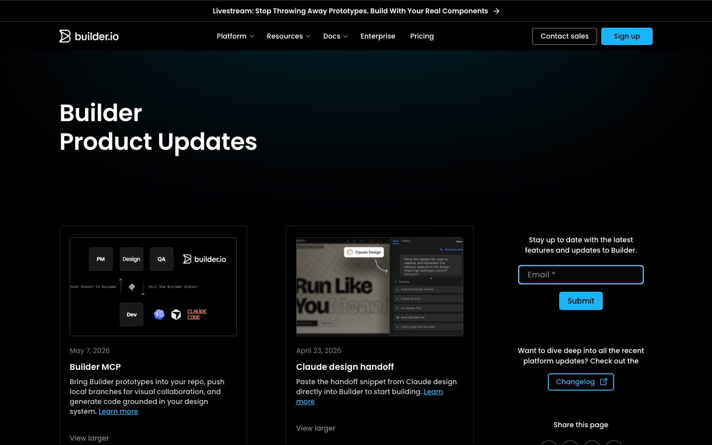 The page prioritizes code display with a stark, dark aesthetic. Typography is clean and functional, emphasizing clarity over ornamentation. The overall mood is focused and efficient, reflecting a developer-centric product. · developer tools, code platform, saas interface, dark ui, technical website, code editor, builder io, minimal design, coding platform