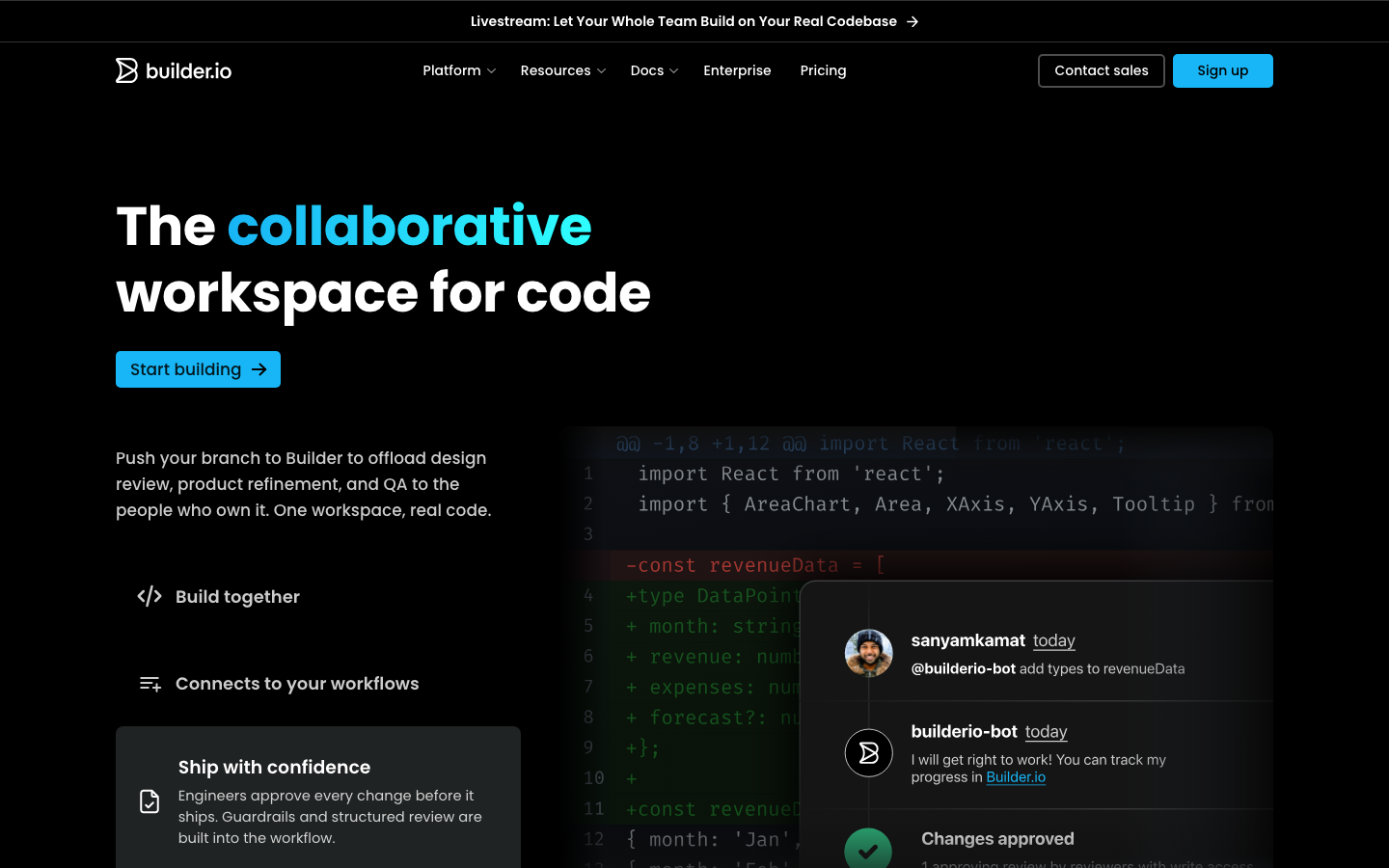 Builder - The page prioritizes code display with a stark, dark aesthetic. Typography is clean and functional, emphasizing clarity over ornamentation. The overall mood is focused and efficient, reflecting a developer-centric product.  ·  developer tools, code platform, saas interface, dark ui, technical website, code editor, builder io, minimal design, coding platform
