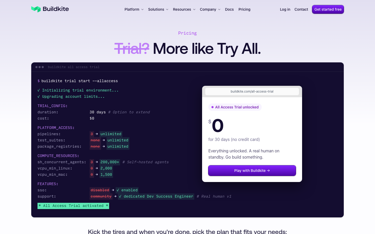 The page uses a dark, high-contrast palette with a focus on typography and a grid of logos. The overall feel is clean and functional, prioritizing information delivery over visual embellishment. The layout is structured around a prominent call to action and a display of well-known integrations. · saas developer tools, buildkite pricing, ci platform, integration logos, dark mode ui, technical website, developer tools, cloud platform, build automation