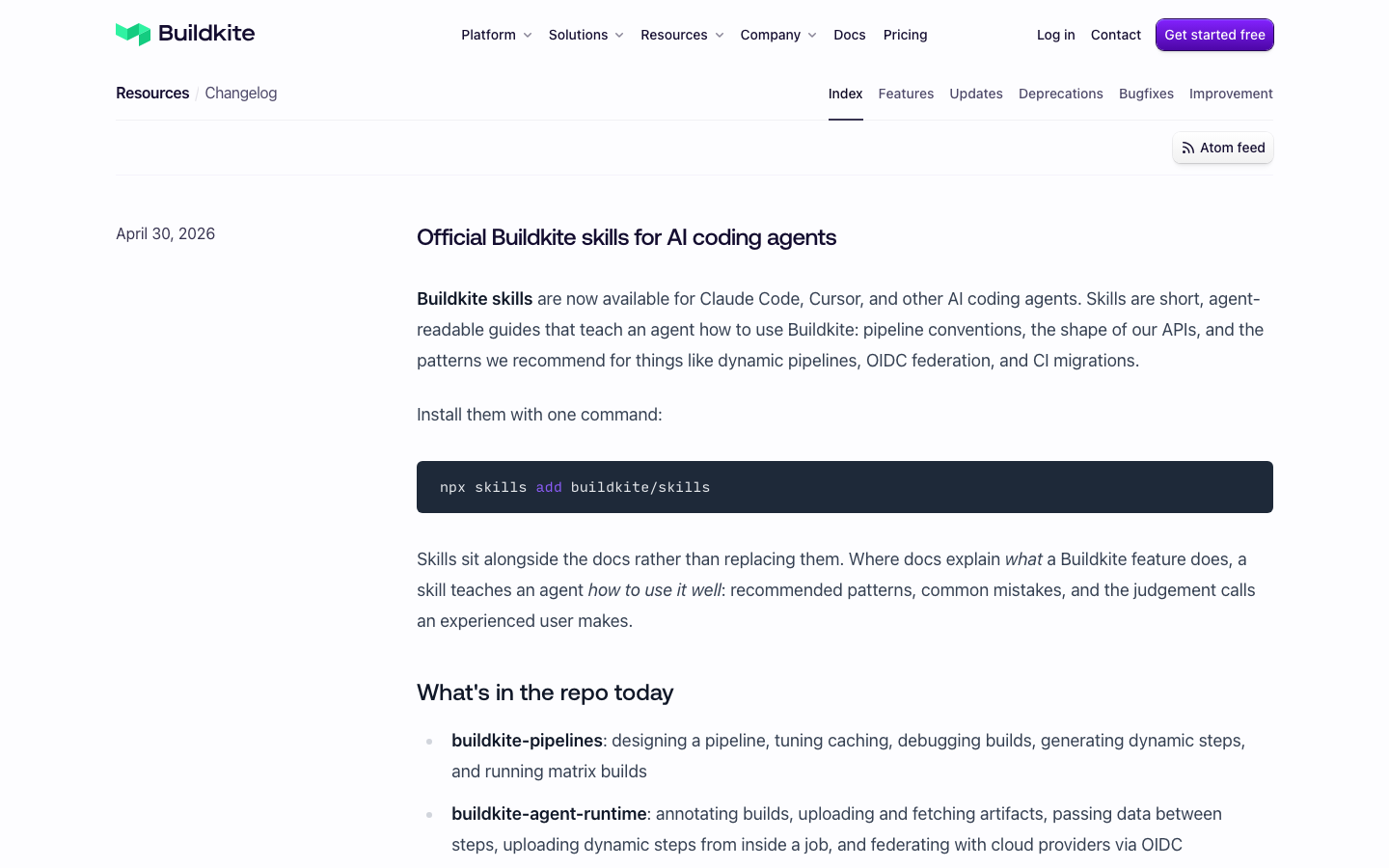 The page uses a dark, high-contrast palette with a focus on typography and a grid of logos. The overall feel is clean and functional, prioritizing information delivery over visual embellishment. The layout is structured around a prominent call to action and a display of well-known integrations. · saas developer tools, buildkite pricing, ci platform, integration logos, dark mode ui, technical website, developer tools, cloud platform, build automation