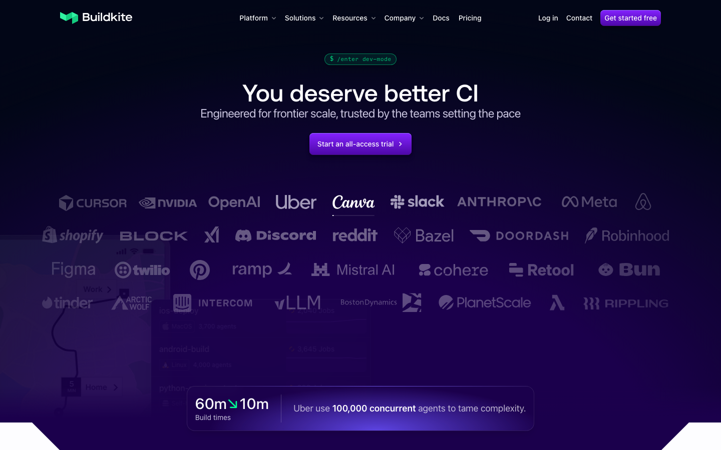 Buildkite - The page uses a dark, high-contrast palette with a focus on typography and a grid of logos. The overall feel is clean and functional, prioritizing information delivery over visual embellishment. The layout is structured around a prominent call to action and a display of well-known integrations.  ·  saas developer tools, buildkite pricing, ci platform, integration logos, dark mode ui, technical website, developer tools, cloud platform, build automation