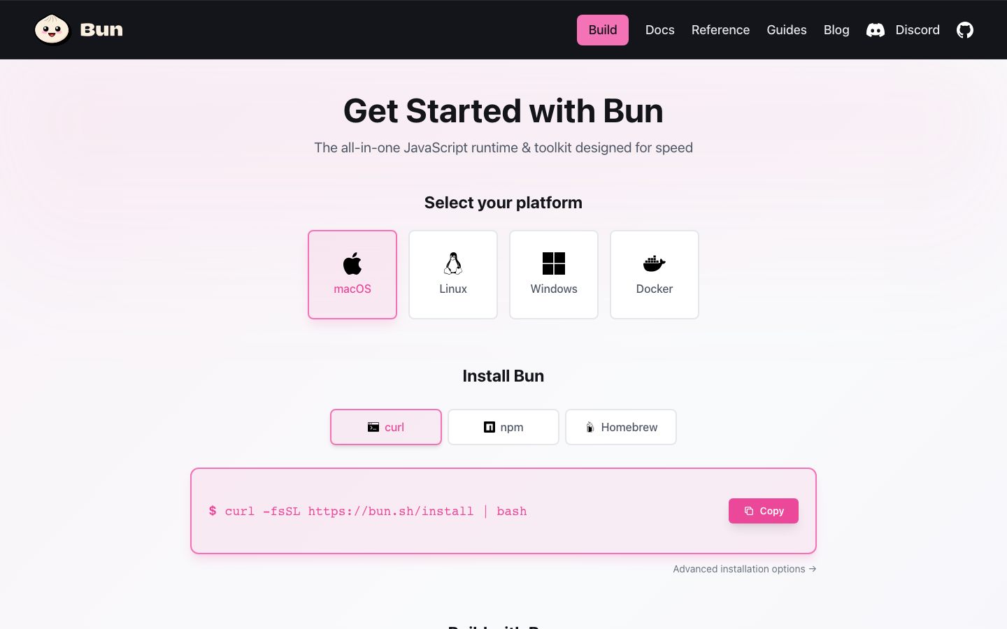 The page uses a stark, dark aesthetic with a focus on functionality. Typography is clean and assertive, emphasizing key information and code snippets. The layout is structured with a prominent left-hand navigation and a right-hand content area showcasing performance metrics. · javascript package manager, developer tools, terminal interface, dark ssa, performance metrics, code focused, technical design, bun.com, javascript, saas