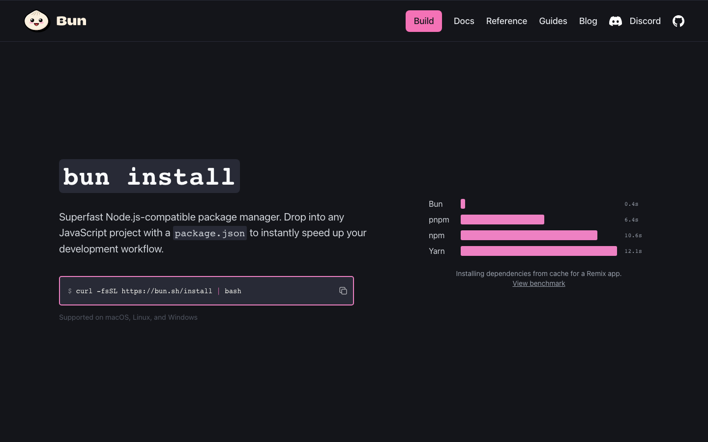 The page uses a stark, dark aesthetic with a focus on functionality. Typography is clean and assertive, emphasizing key information and code snippets. The layout is structured with a prominent left-hand navigation and a right-hand content area showcasing performance metrics. · javascript package manager, developer tools, terminal interface, dark ssa, performance metrics, code focused, technical design, bun.com, javascript, saas