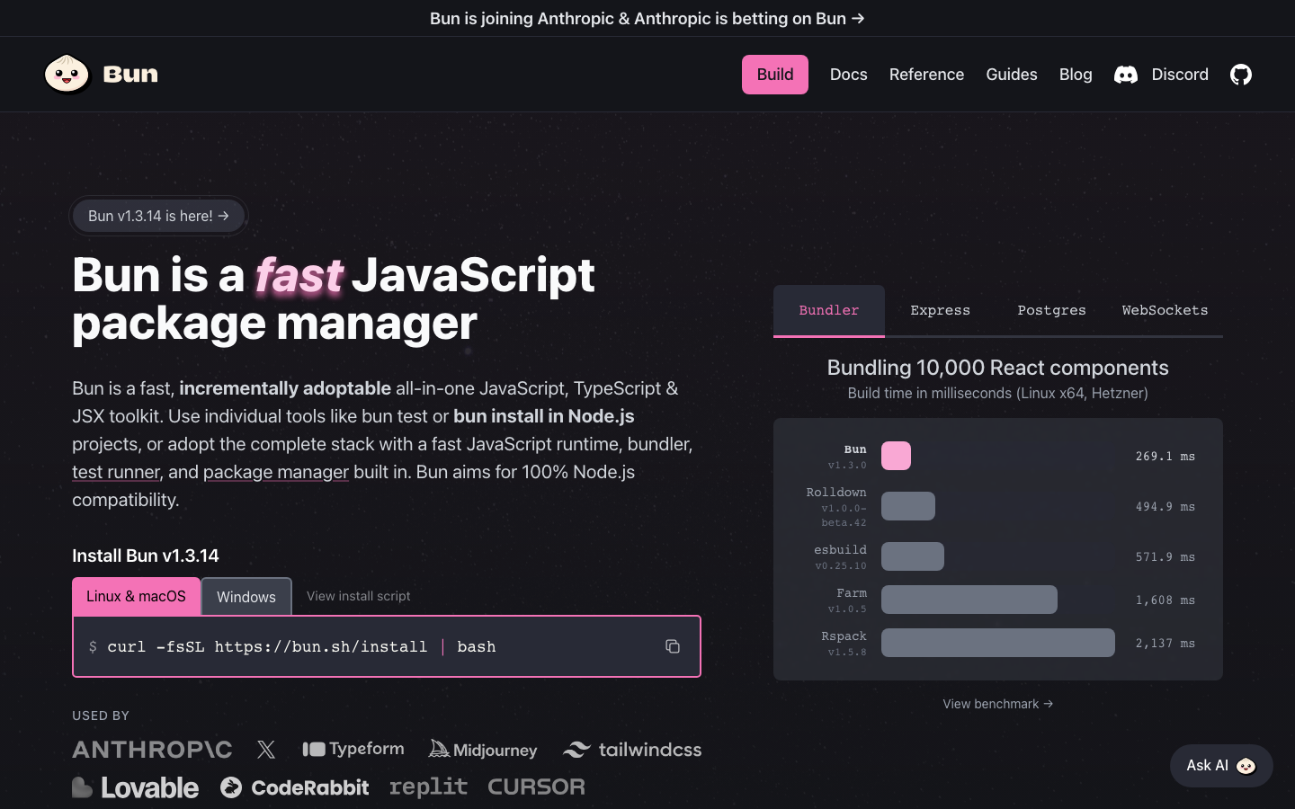 The page uses a stark, dark aesthetic with a focus on functionality. Typography is clean and assertive, emphasizing key information and code snippets. The layout is structured with a prominent left-hand navigation and a right-hand content area showcasing performance metrics. · javascript package manager, developer tools, terminal interface, dark ssa, performance metrics, code focused, technical design, bun.com, javascript, saas