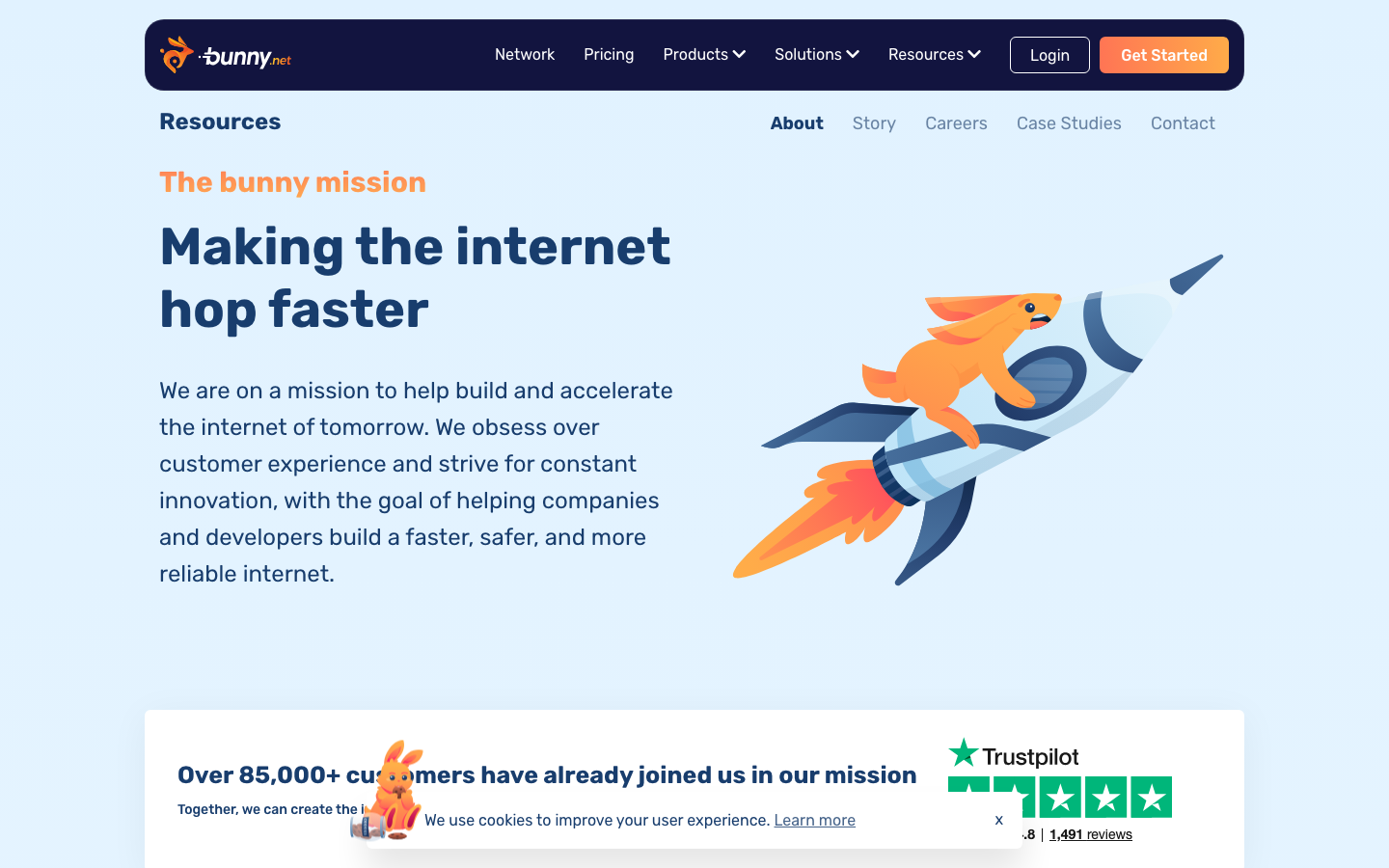 The design prioritizes a striking visual introduction with a central illustration, immediately conveying a sense of dynamic technology. Dark gradients and vibrant accent colors create a modern, energetic mood. Typography is clean and functional, supporting the visual focus. · tech startup hero, dark saas landing, cartoon illustration website, developer tools design, modern tech aesthetic, playful dark website, rocket illustration, saas homepage, tech platform design, neon dark theme