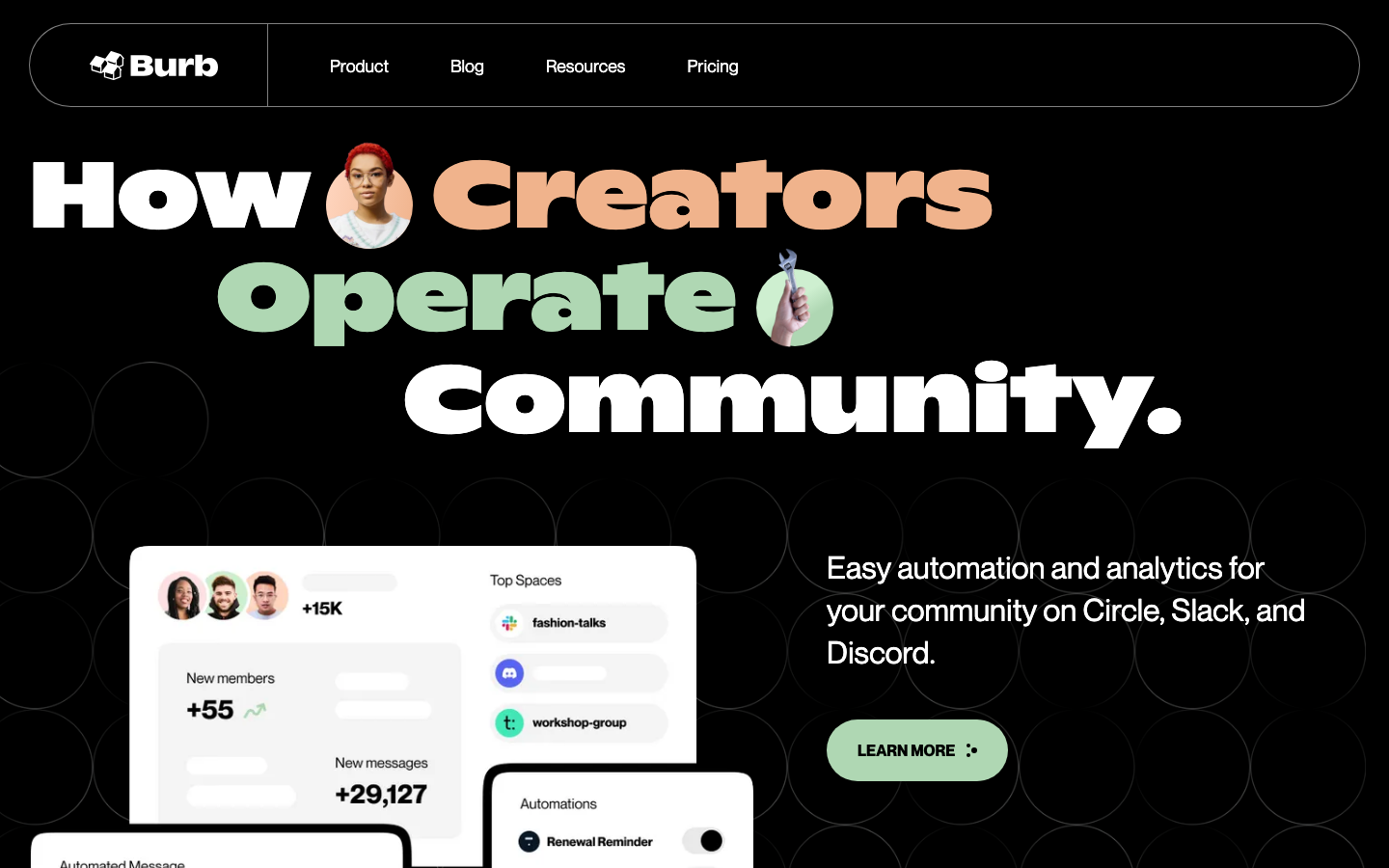 The only toolset you need to operate and grow your online courses and membership communities. · minimalism, editorial, dark-mode, saas, creator, agency, hero-with-cta, logo-cloud, feature-trio, stat-strip, testimonial-quote