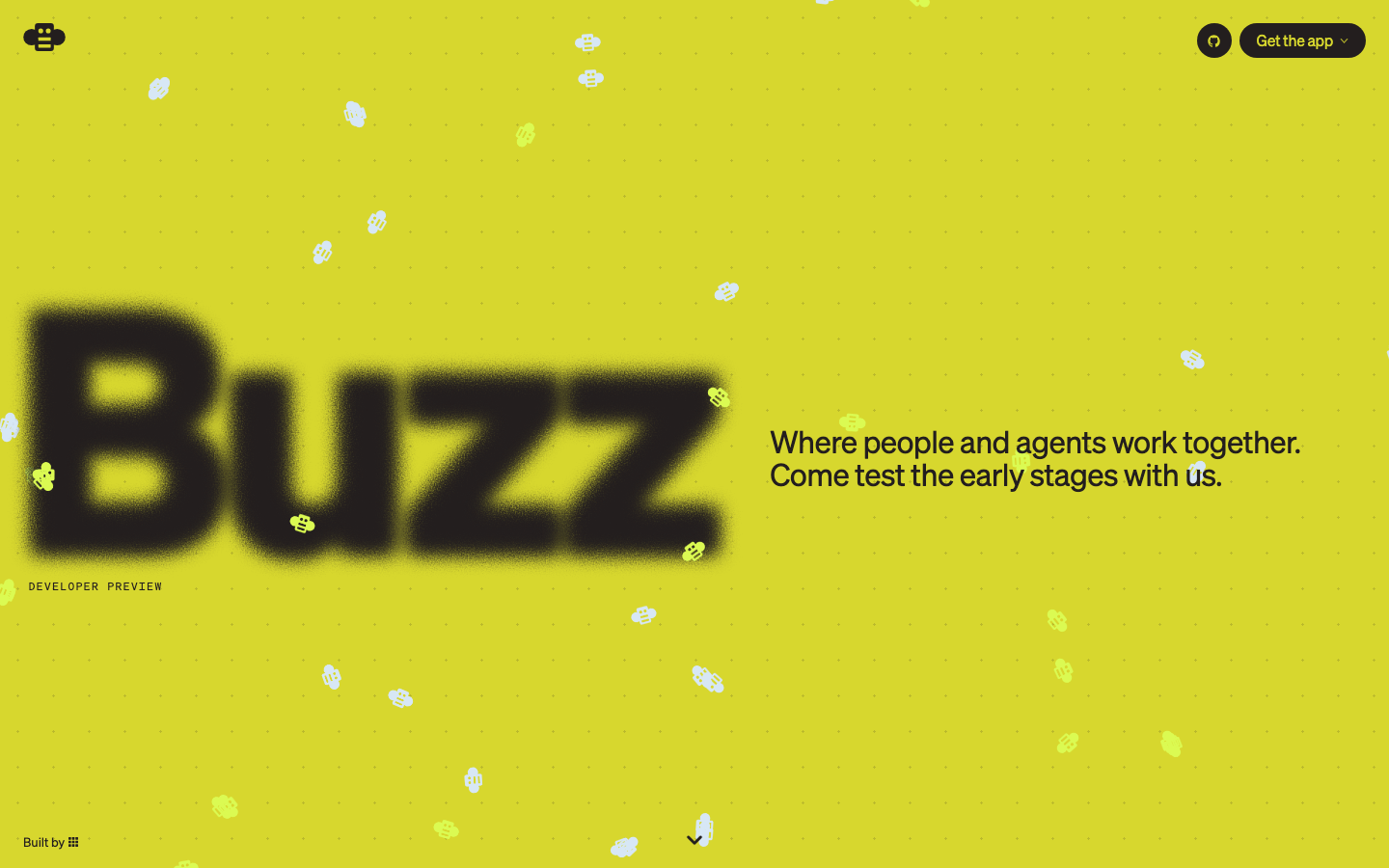 High-saturation lime green background with a blurred, oversized typographic hero. The composition uses a playful, scattered pattern of small white icons to create a sense of chaotic energy. · neon green hero, blurred typography, playful ai landing page, high contrast web design, experimental saas hero