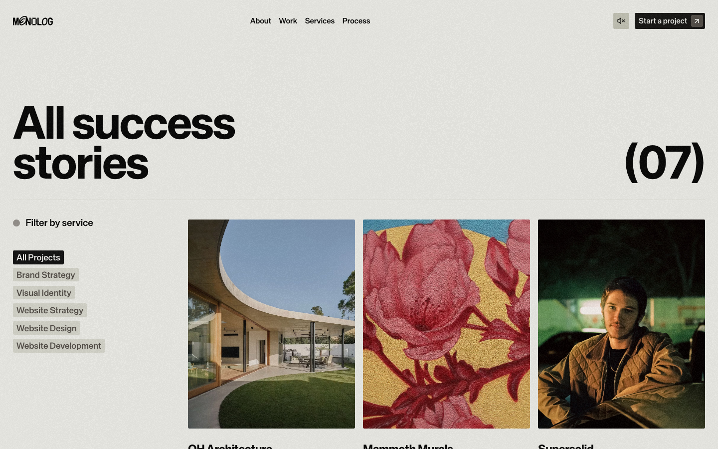 High-contrast typography paired with a muted, off-white background. The layout uses a clean, asymmetric balance between a left-aligned filter menu and a spacious grid of project imagery. · minimalist agency portfolio, swiss typography layout, editorial grid, muted color palette, clean project index